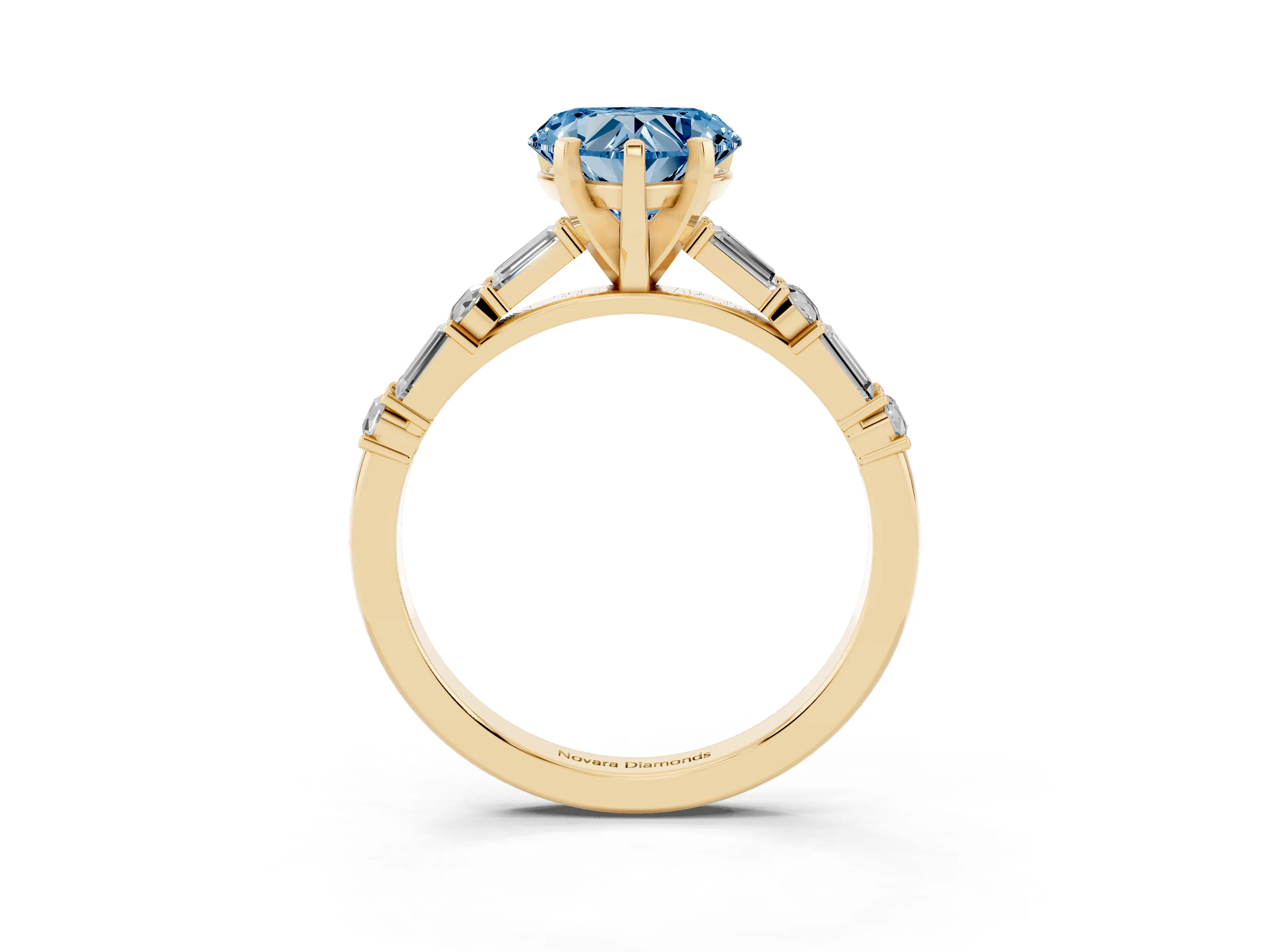 Fancy Blue Heart Cut Diamond Solitaire Set in Yellow gold with Side Baguettes and Channel Set Band