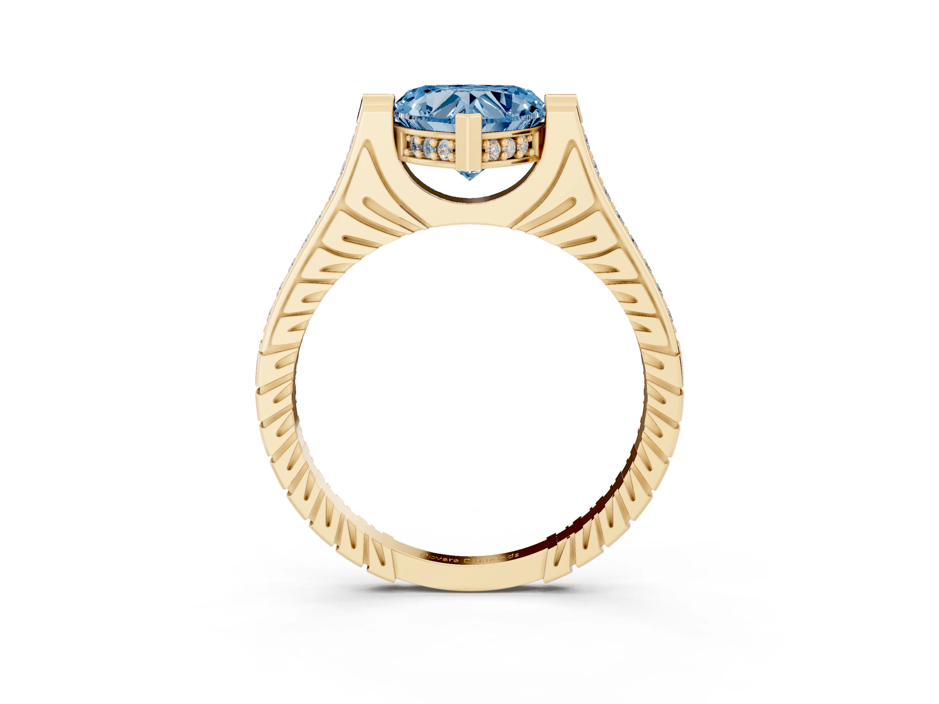 Fancy Blue Heart Cut Diamond Solitaire Ring Set in Yellow gold with Channel Set Band and Bezel Prong Setting