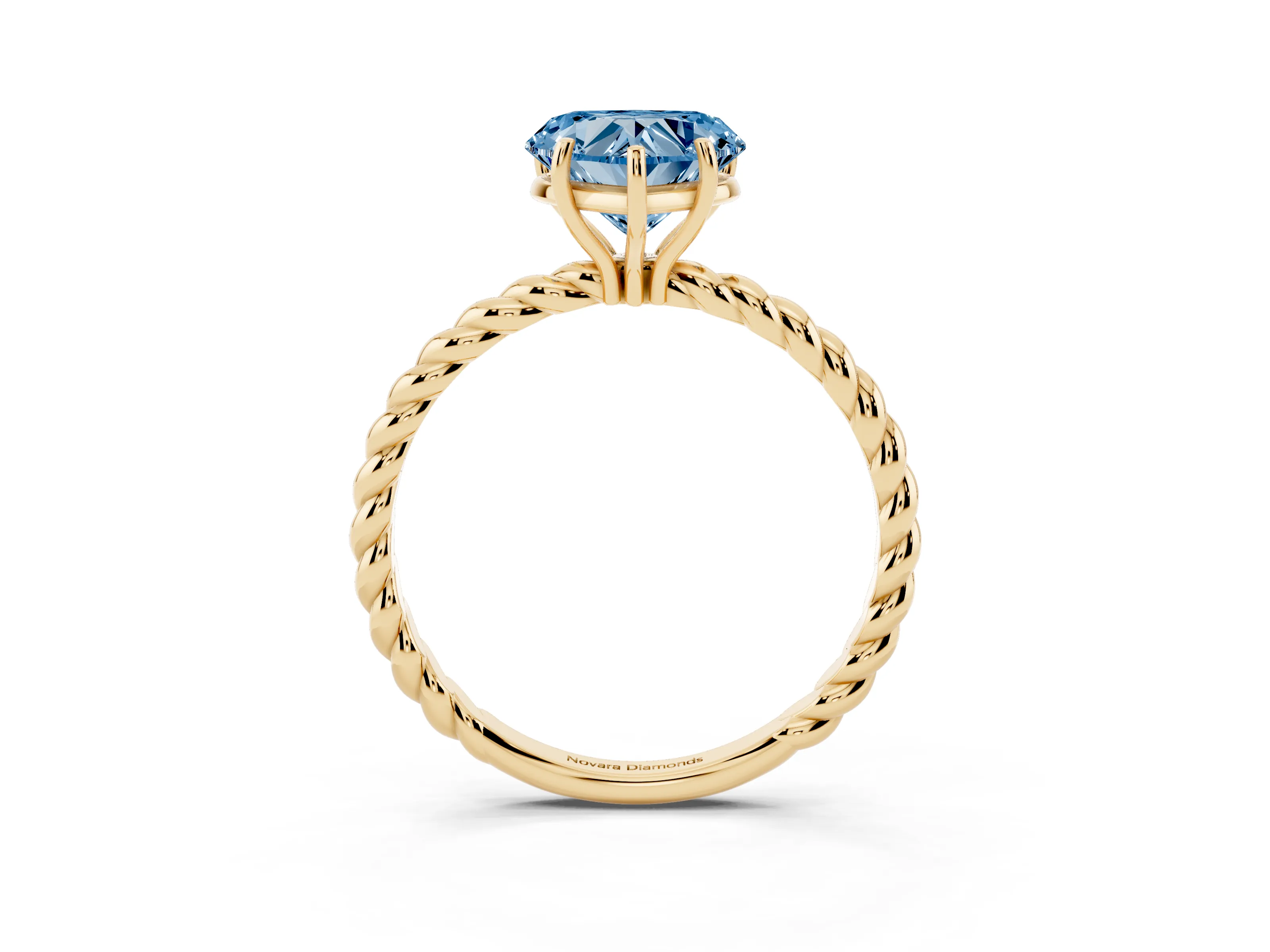 Fancy Blue Heart Cut Diamond Solitaire Ring Set in Yellow gold with Twist Band and Prong Setting