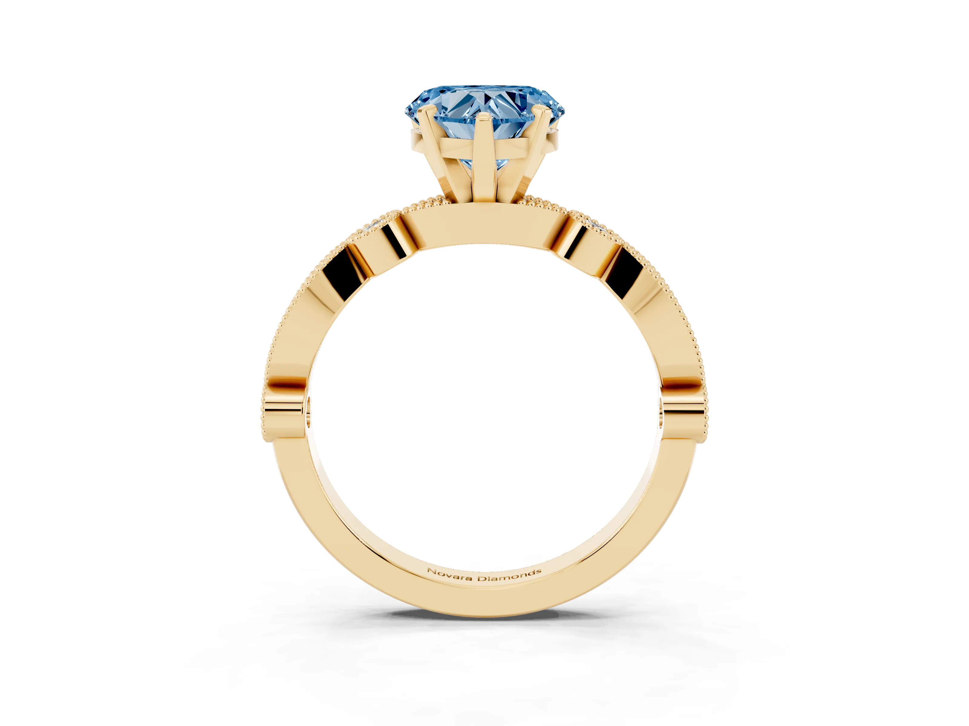Fancy Blue Heart Cut Diamond Solitaire Engagement Ring Set in Yellow gold with Milgrain Bezel Accent Band