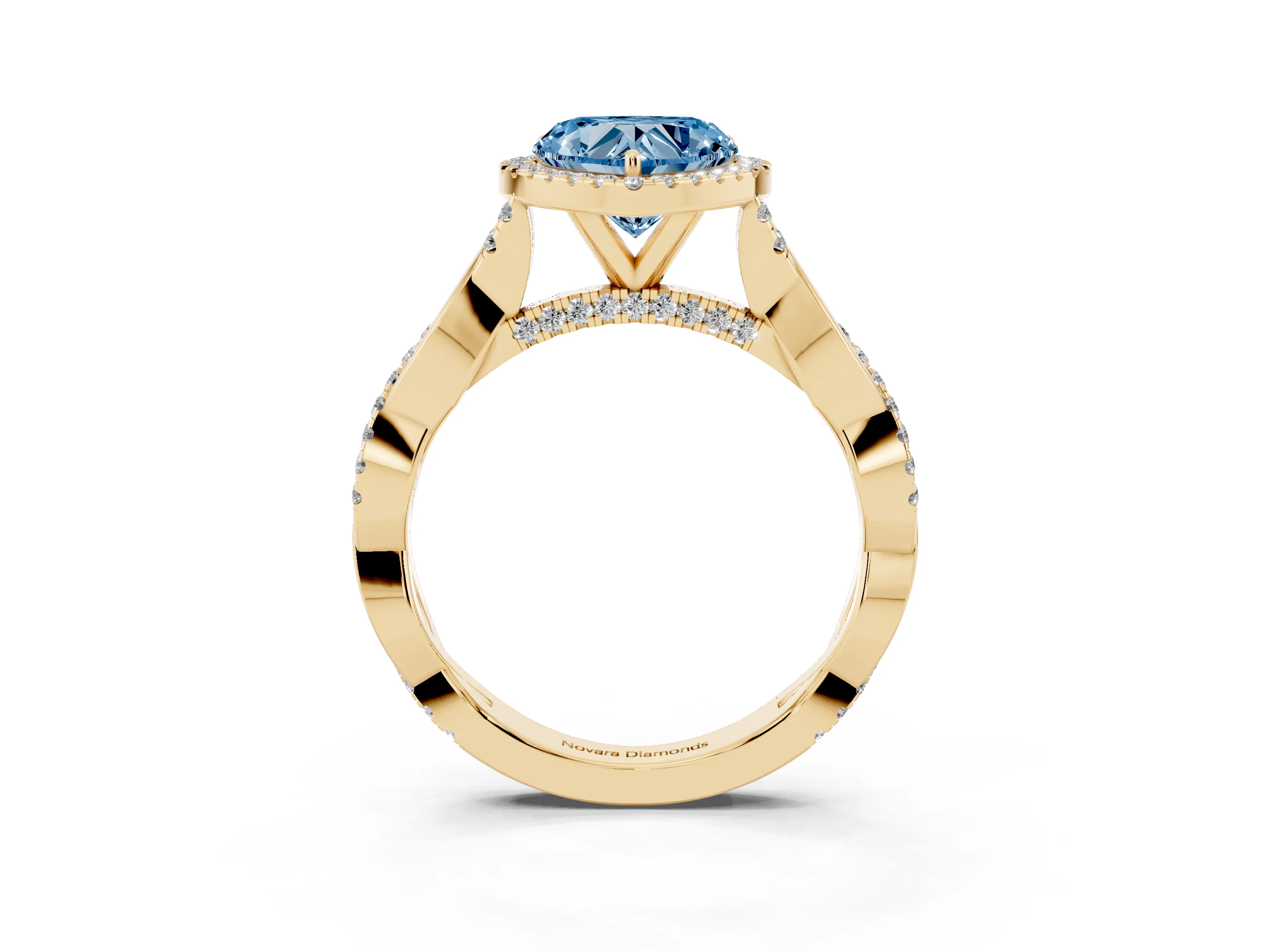 Fancy Blue Heart Cut Diamond Halo Twist Band Solitaire Ring Set in Yellow gold with Prong Setting