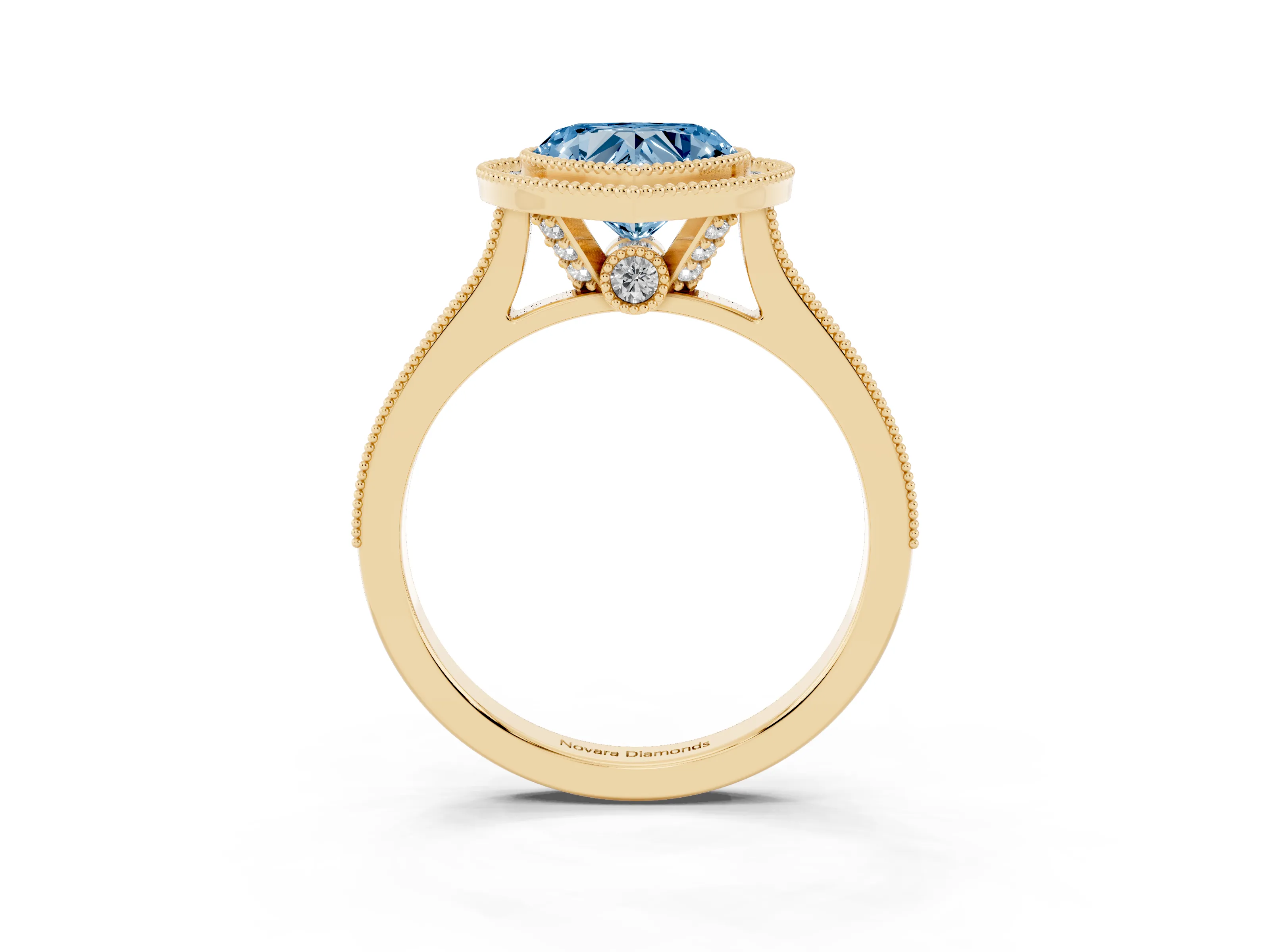 Fancy Blue Heart Cut Diamond Halo Milgrain Pavé Band Ring Set in Yellow gold with Prong Setting