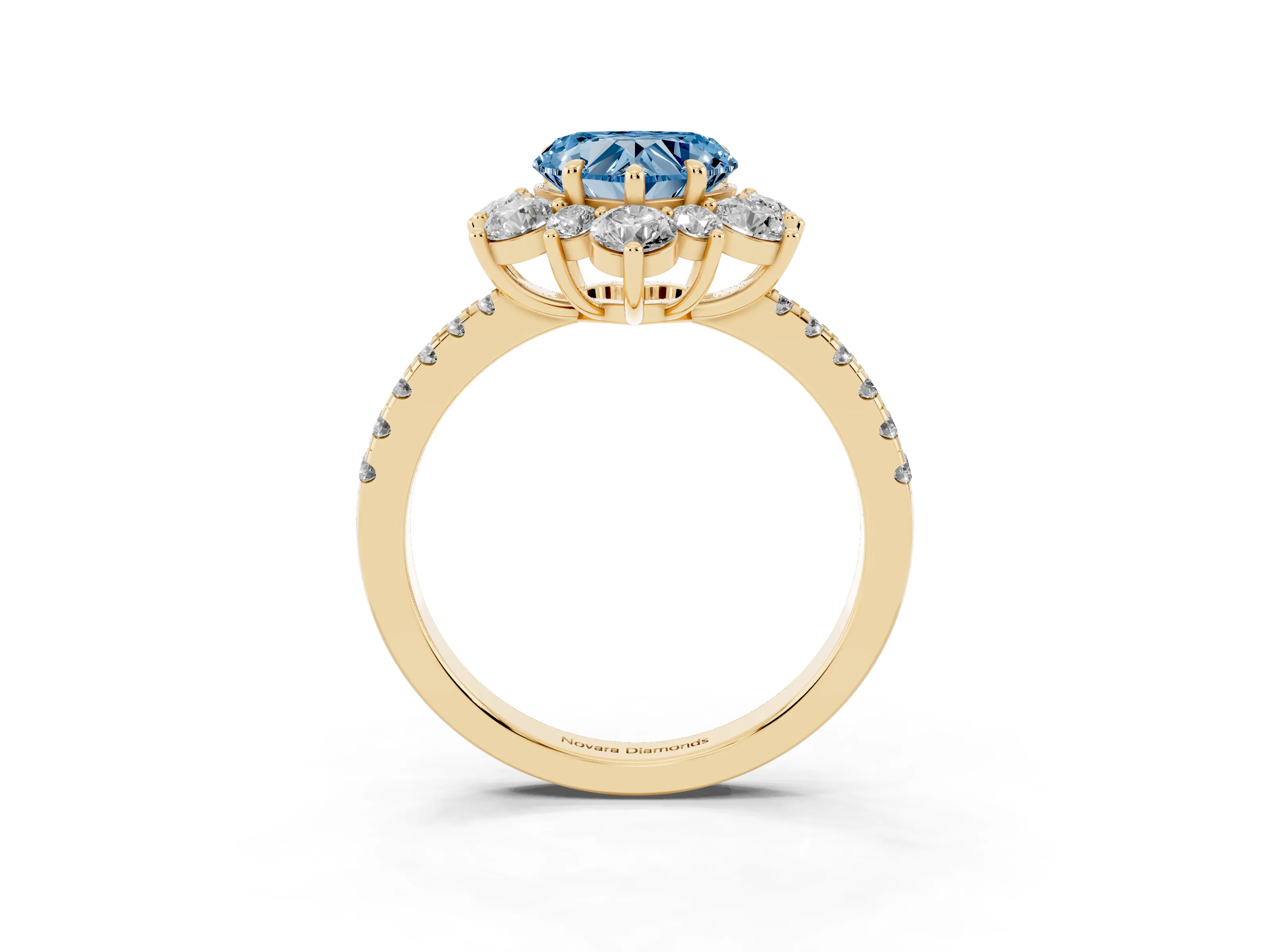 Fancy Blue Heart Cut Diamond Floral Halo Ring Set in Yellow gold with Round Pavé Band and Prong Setting