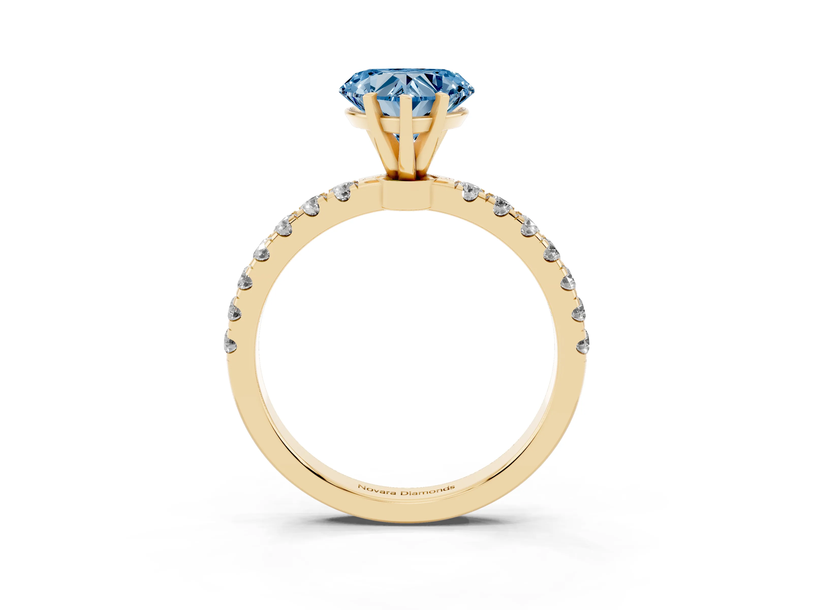 Fancy Blue Heart Cut Diamond Solitaire Ring Set in Yellow gold with Pavé Accents and Prong Setting