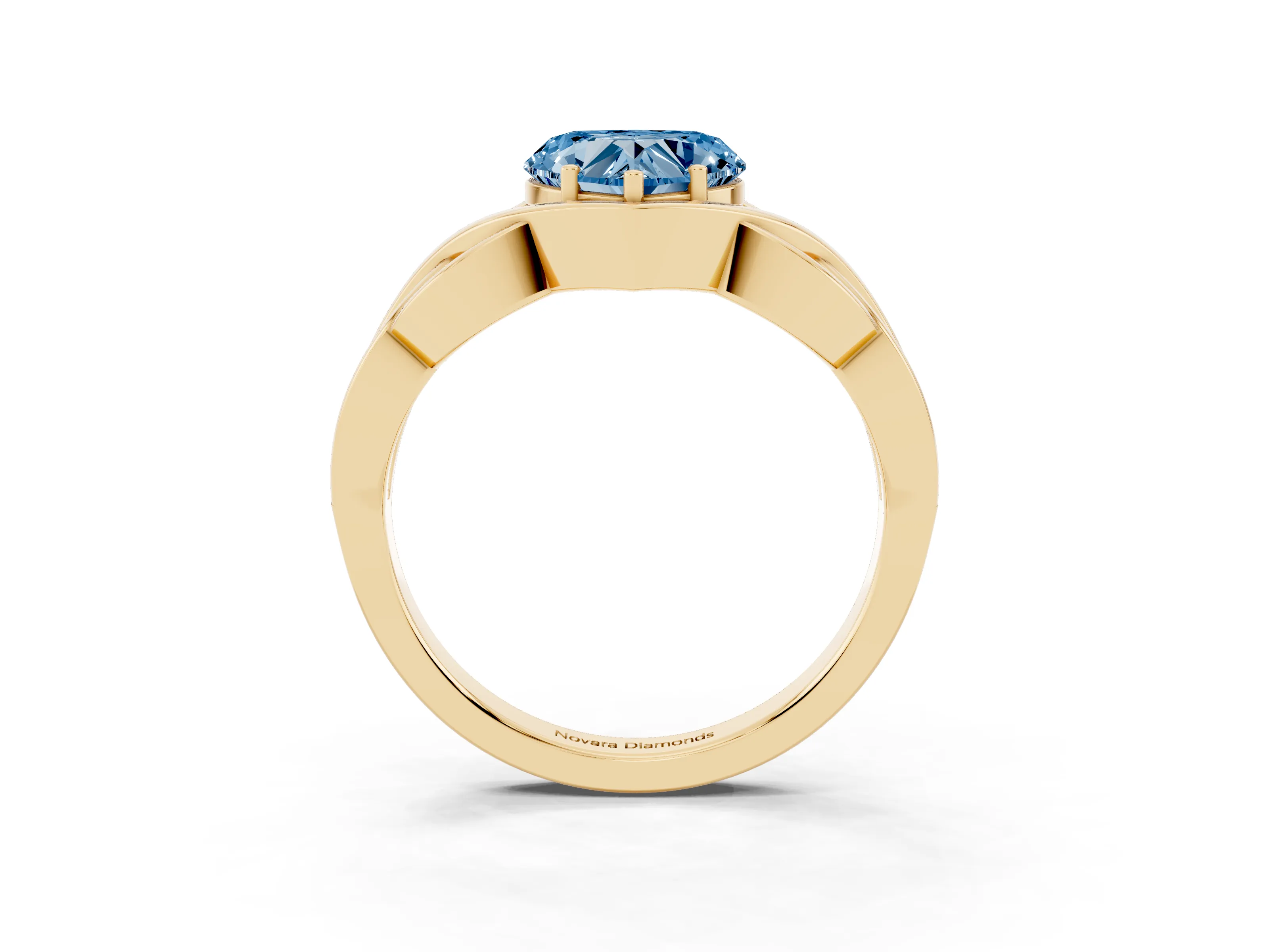 Fancy Blue Heart Cut Diamond Solitaire Ring Set in Yellow gold with Intertwined Band