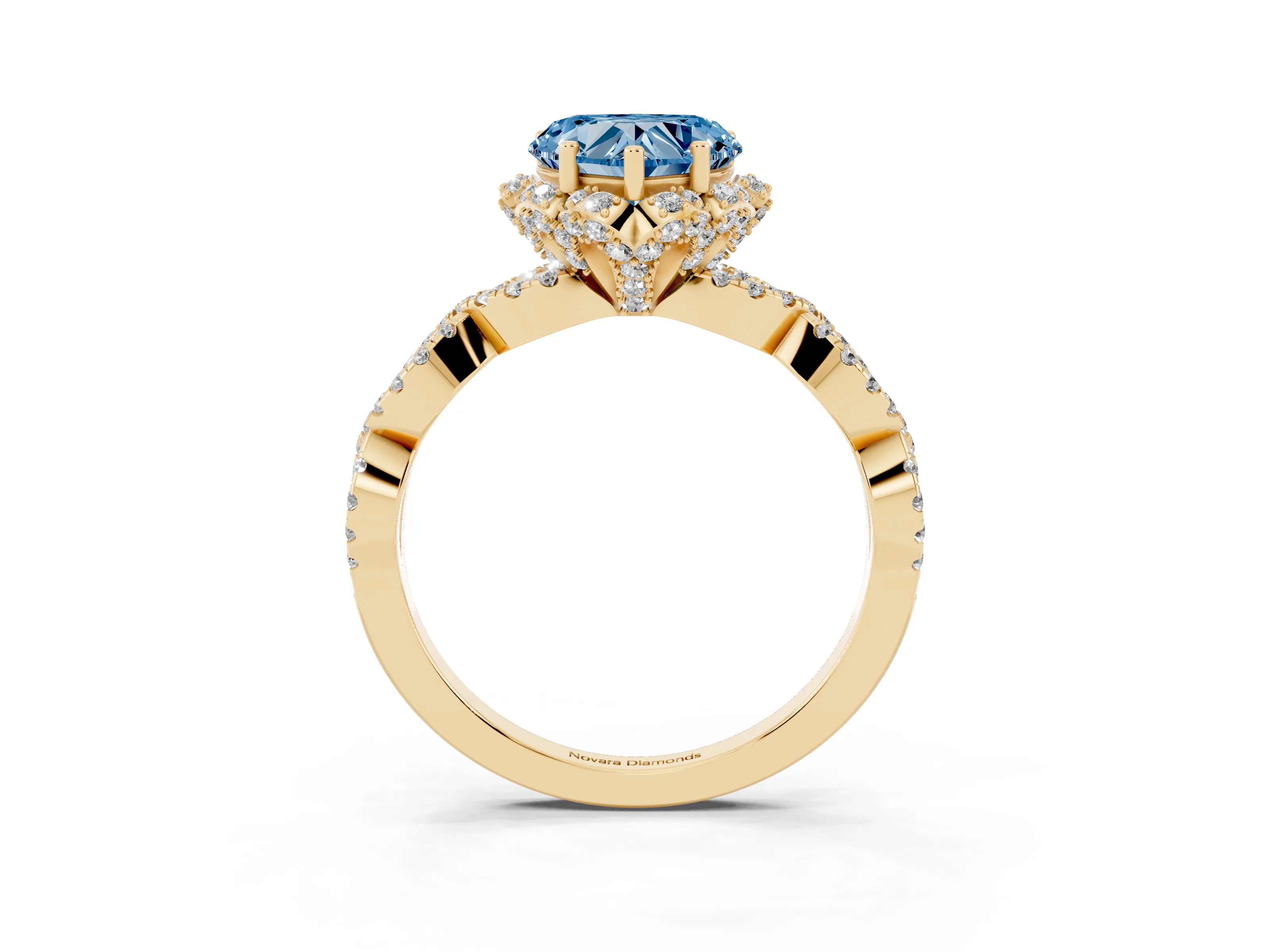 Fancy Blue Heart Cut Diamond Halo Twist Band Solitaire Ring Set in Yellow gold with Prong-Set Center Stone
