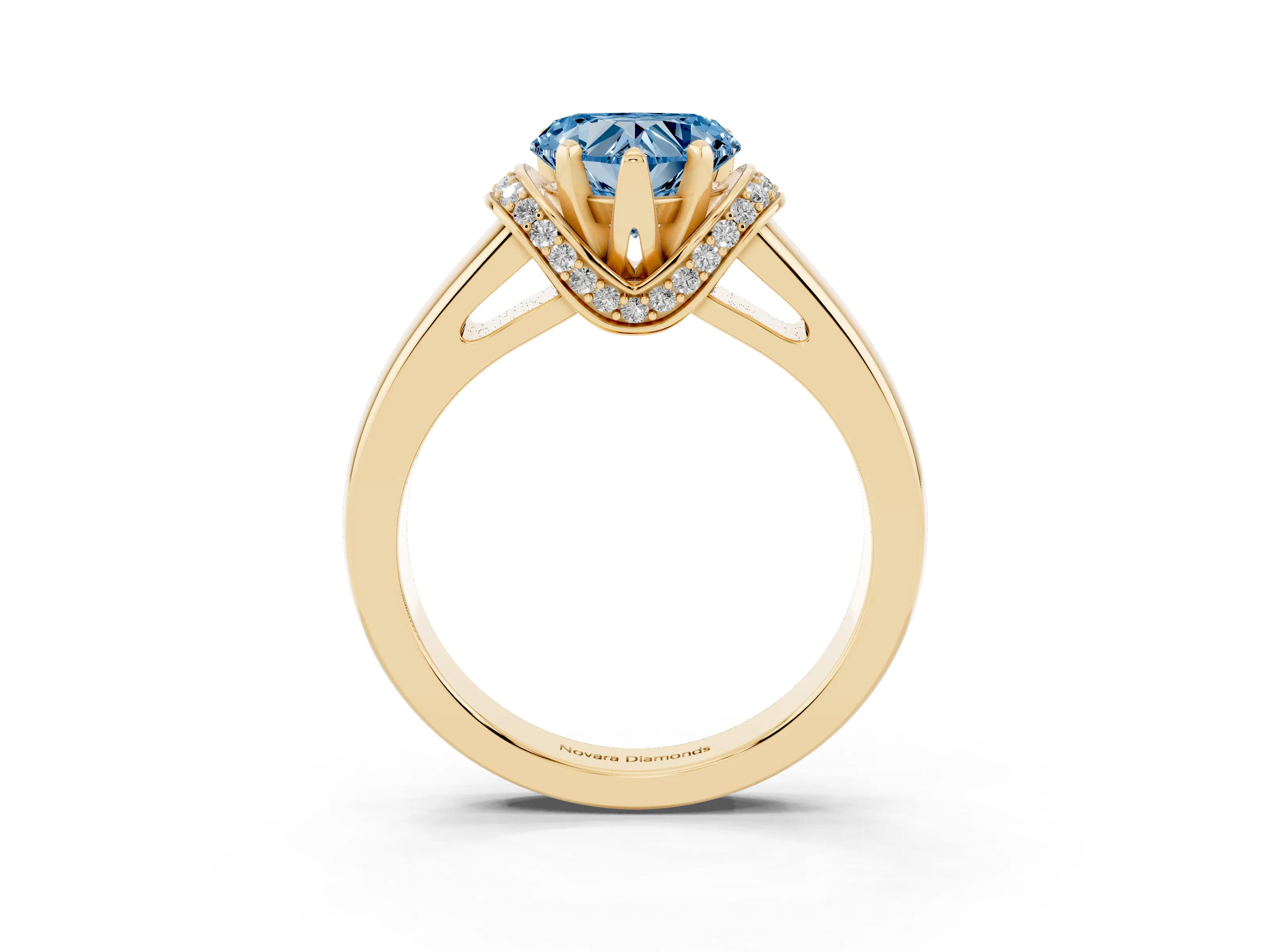Fancy Blue Heart Cut Diamond Pavé Band Solitaire Ring Set in Yellow gold with Prong Setting