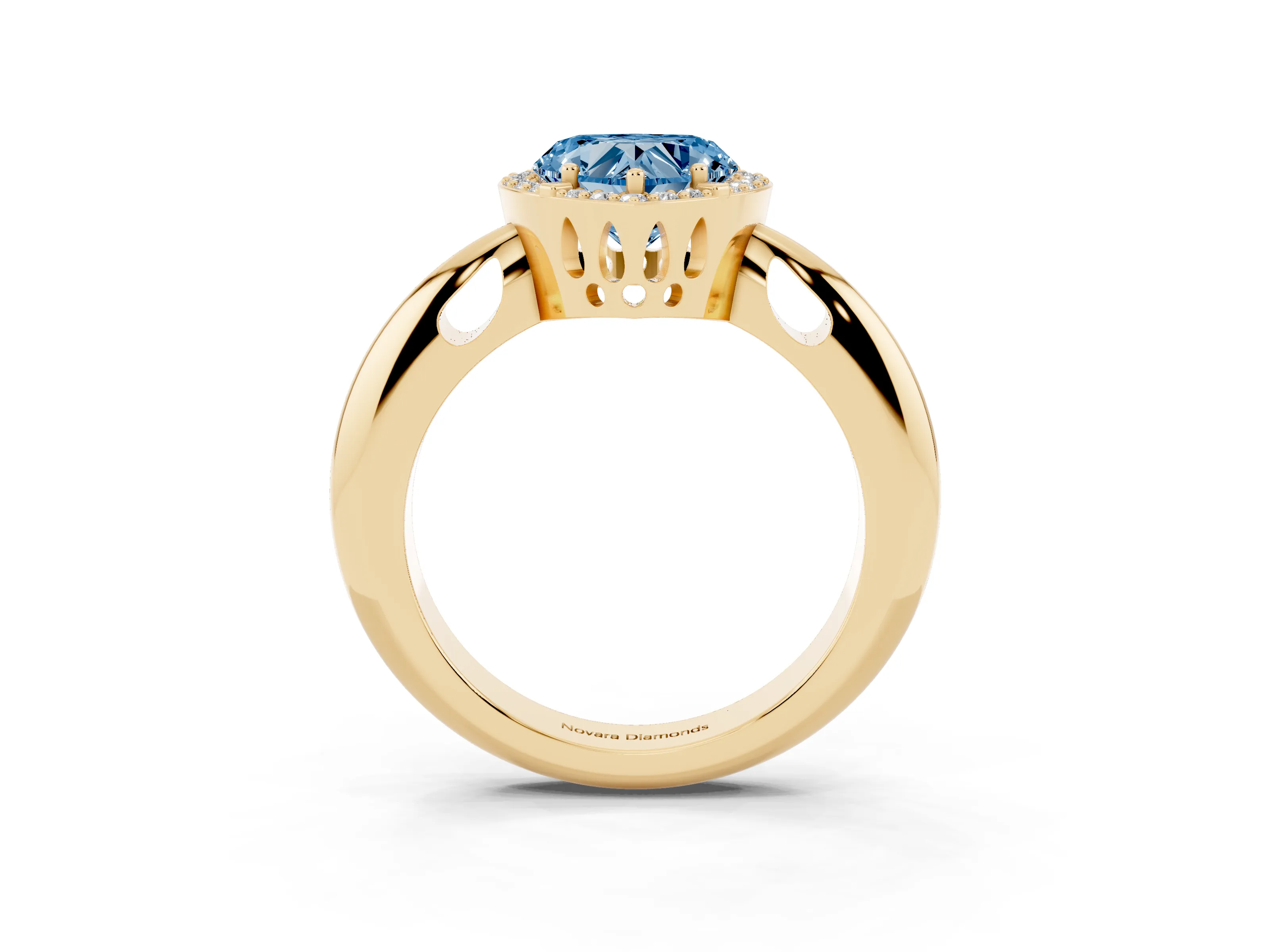 Fancy Blue Heart Cut Diamond Halo Engagement Ring Set in Yellow gold with Plain Split Shank and Prong Setting