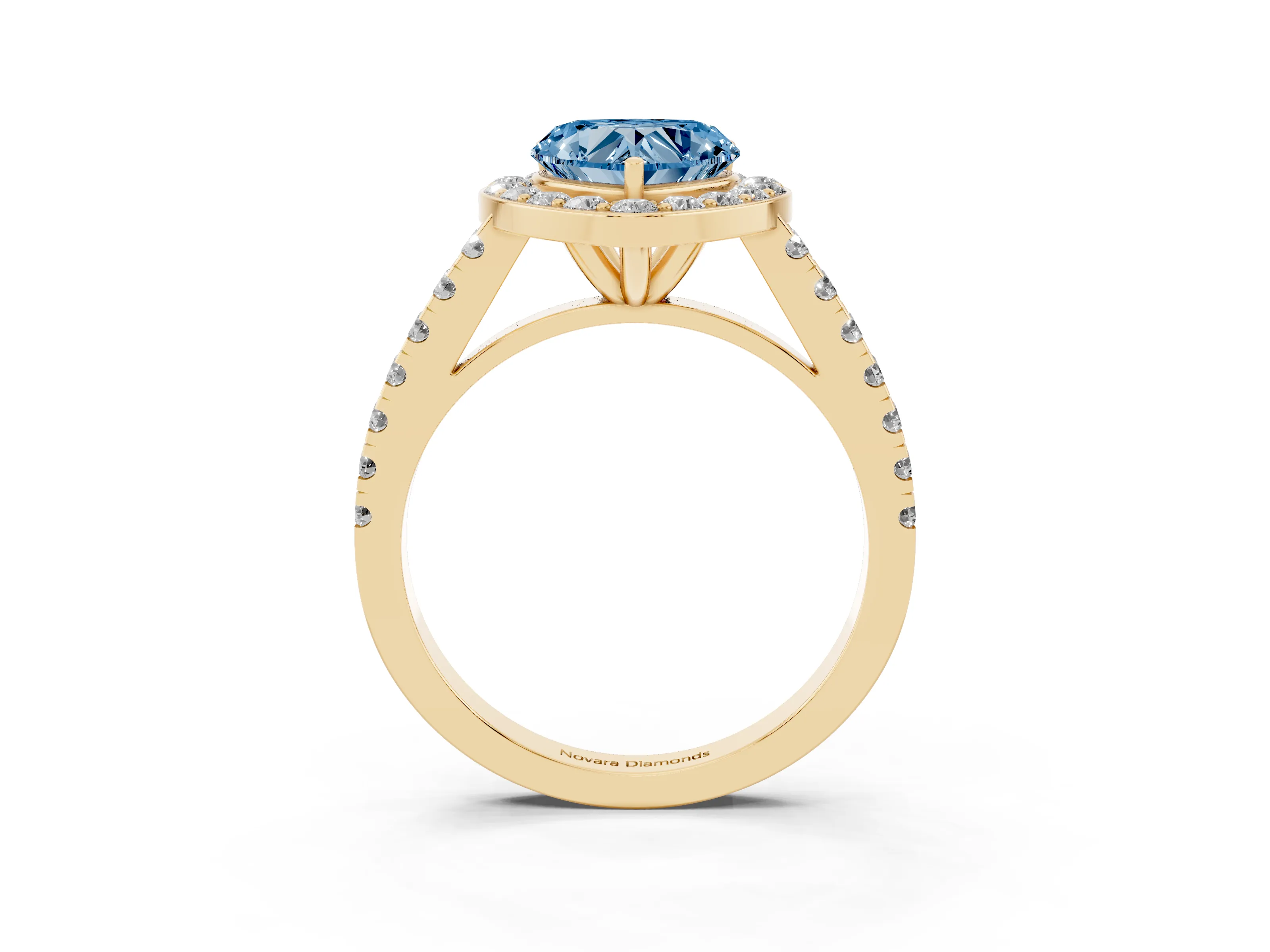 Fancy Blue Heart Cut Diamond Halo Ring Set in Yellow gold with Round Pavé Split Shank and Prong Setting