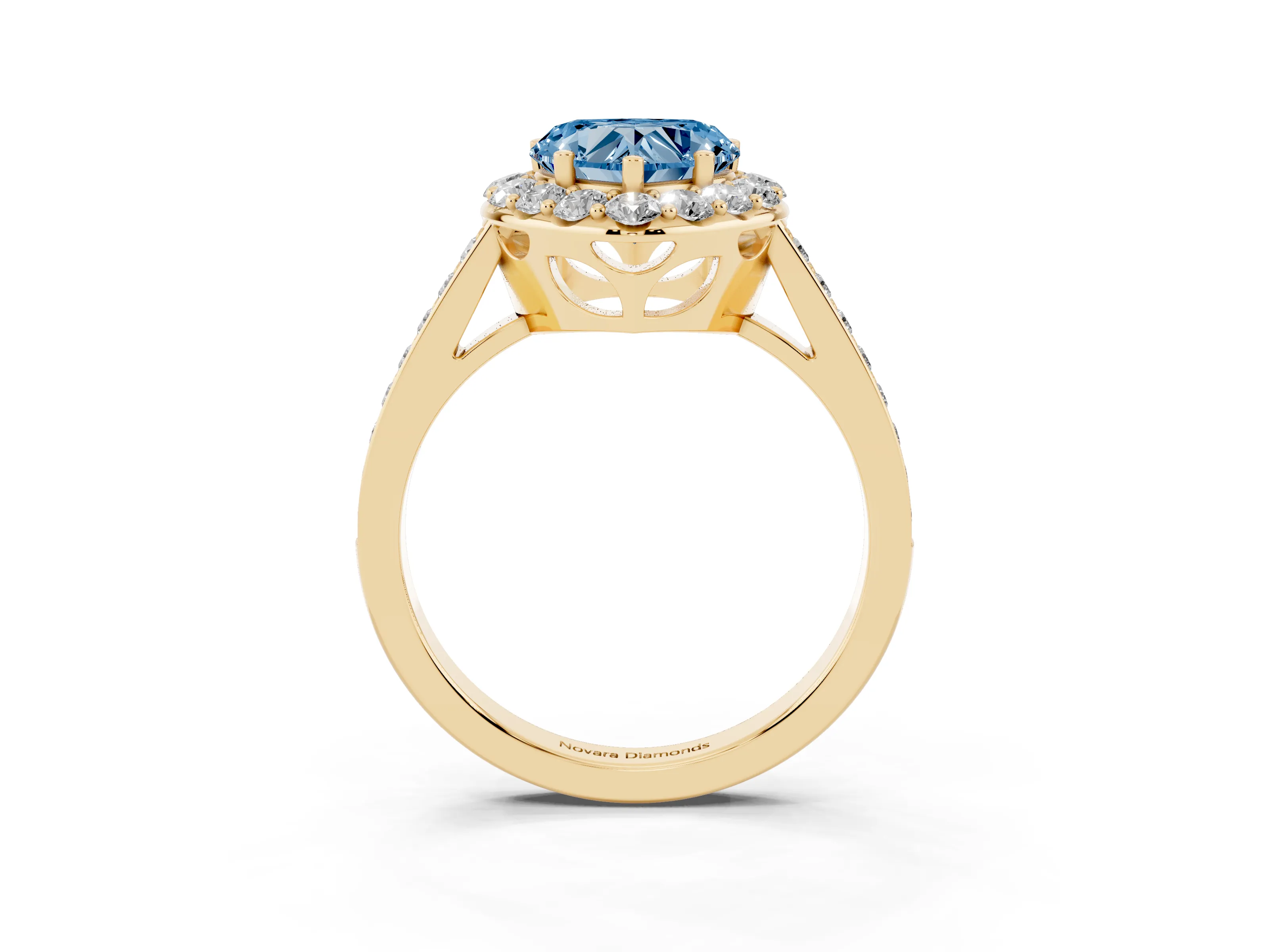 Fancy Blue Heart Cut Diamond Floral Halo Ring Set in Yellow gold with Pavé Band and Prong Setting
