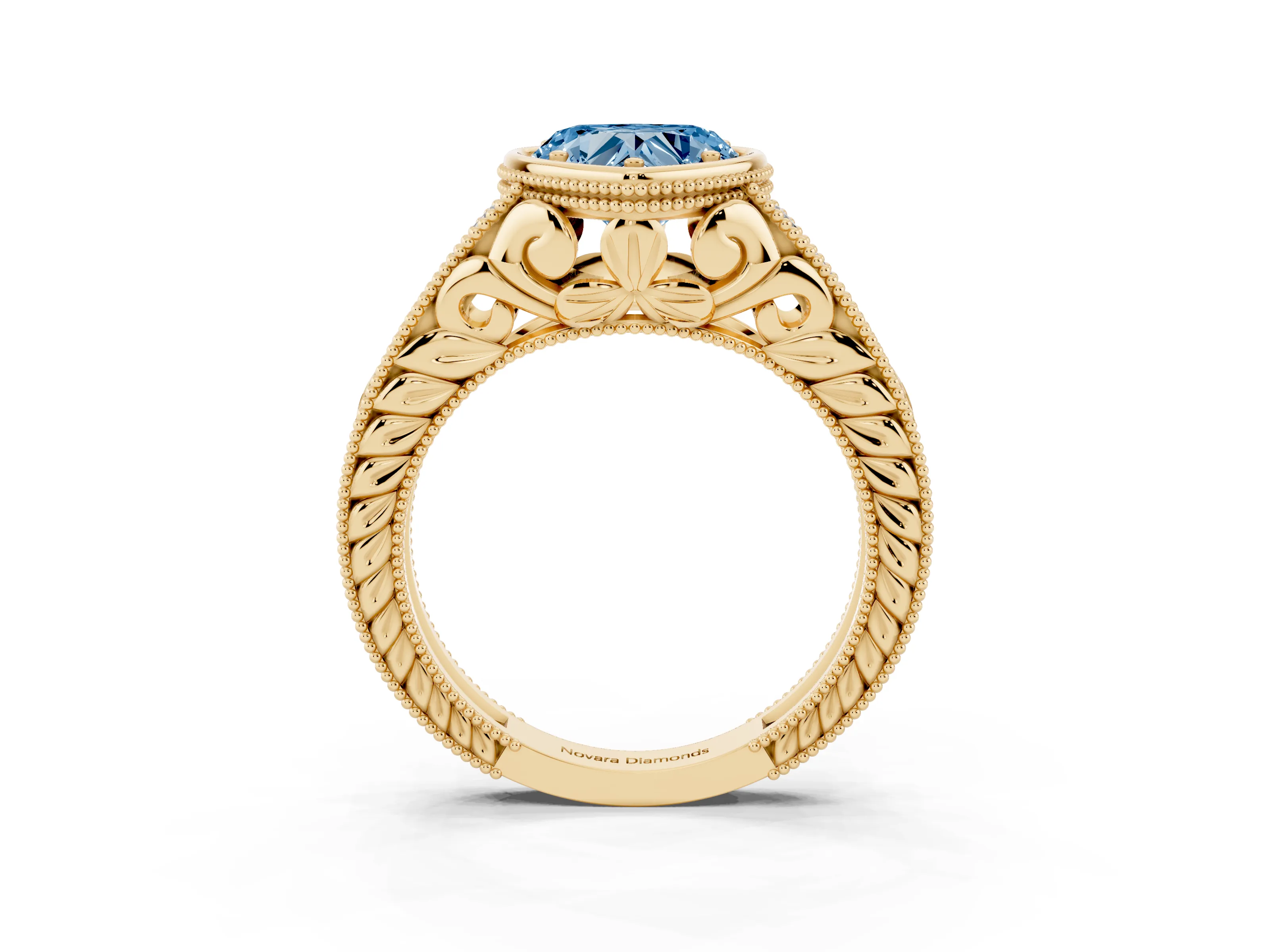 Fancy Blue Bezel Set Heart Cut Diamond Milgrain Pavé Engagement Ring Set in Yellow gold