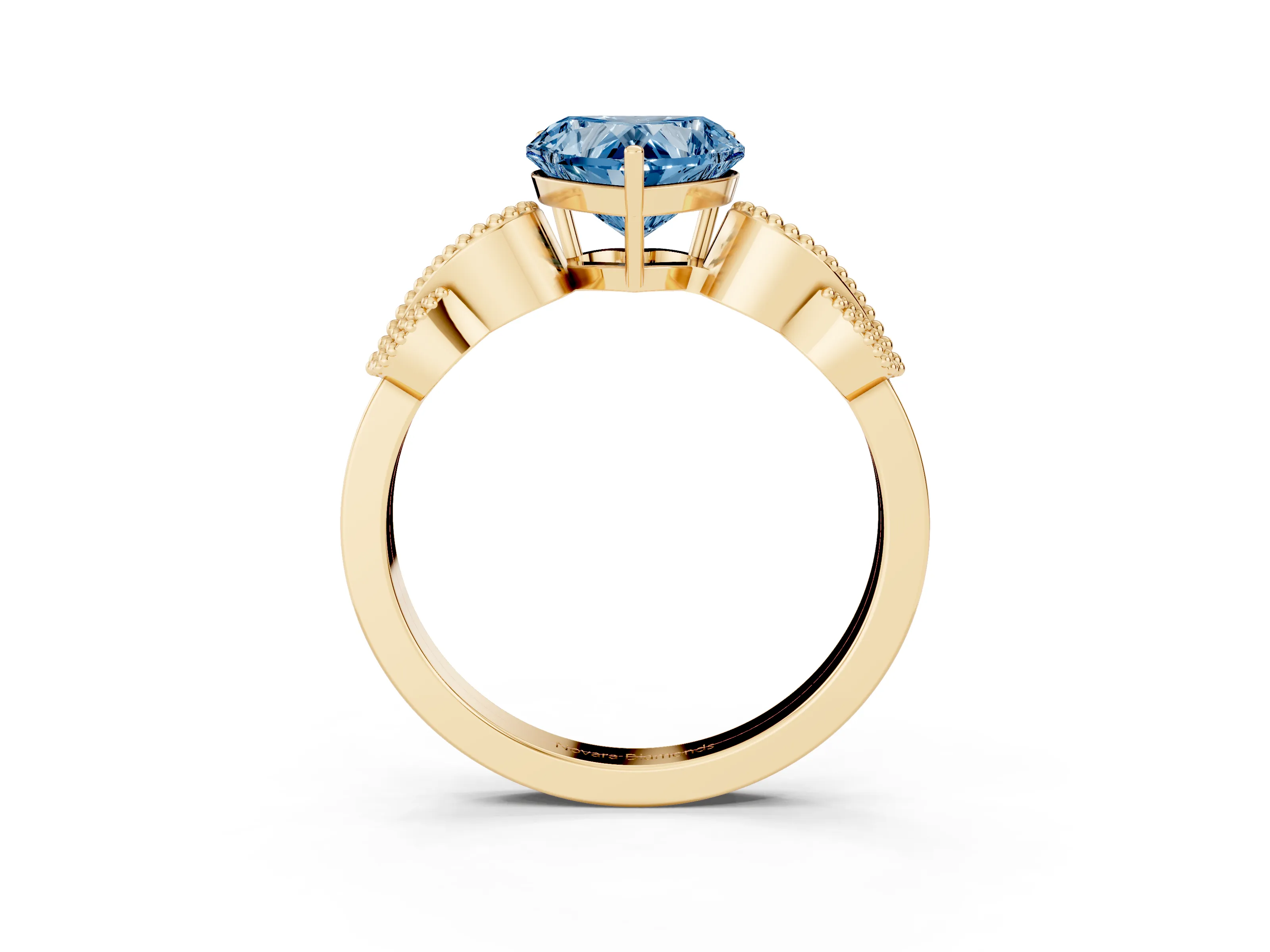 Fancy Blue Heart Cut Diamond Milgrain Leaf Band Solitaire Ring Set in Yellow gold with Accent Stones and Prong Setting