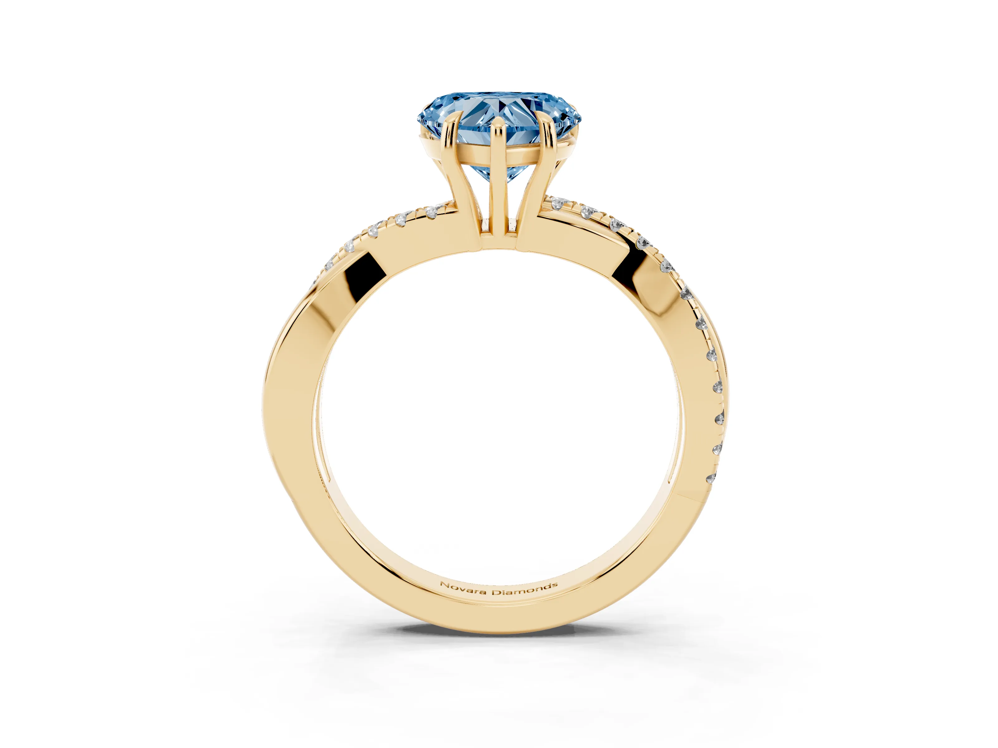 Fancy Blue Heart Cut Diamond Twisted Pavé Band Ring Set in Yellow gold with Prong Setting