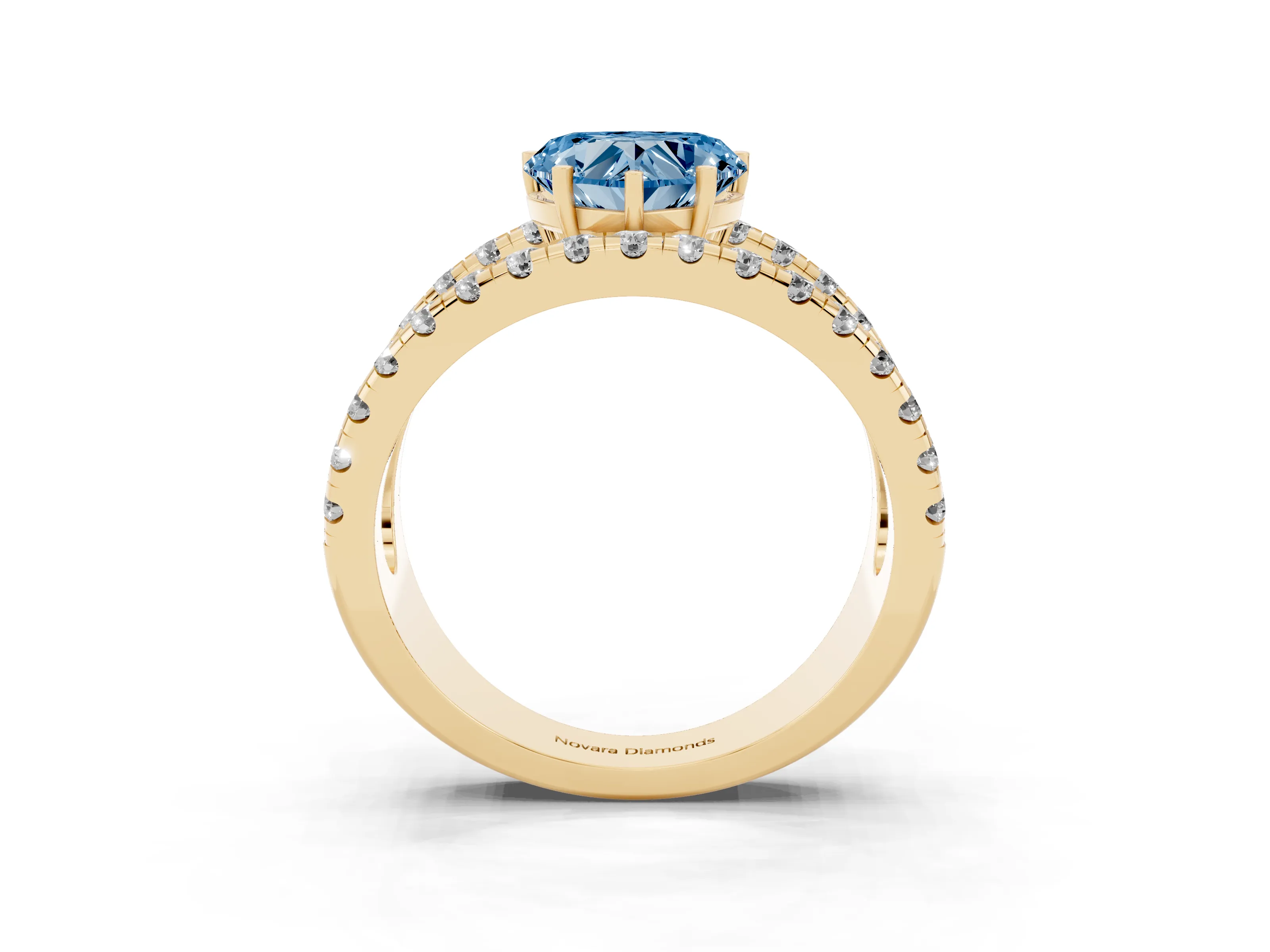 Fancy Blue Heart Cut Diamond Split Shank Pavé Solitaire Ring Set in Yellow gold with Open Shank Design