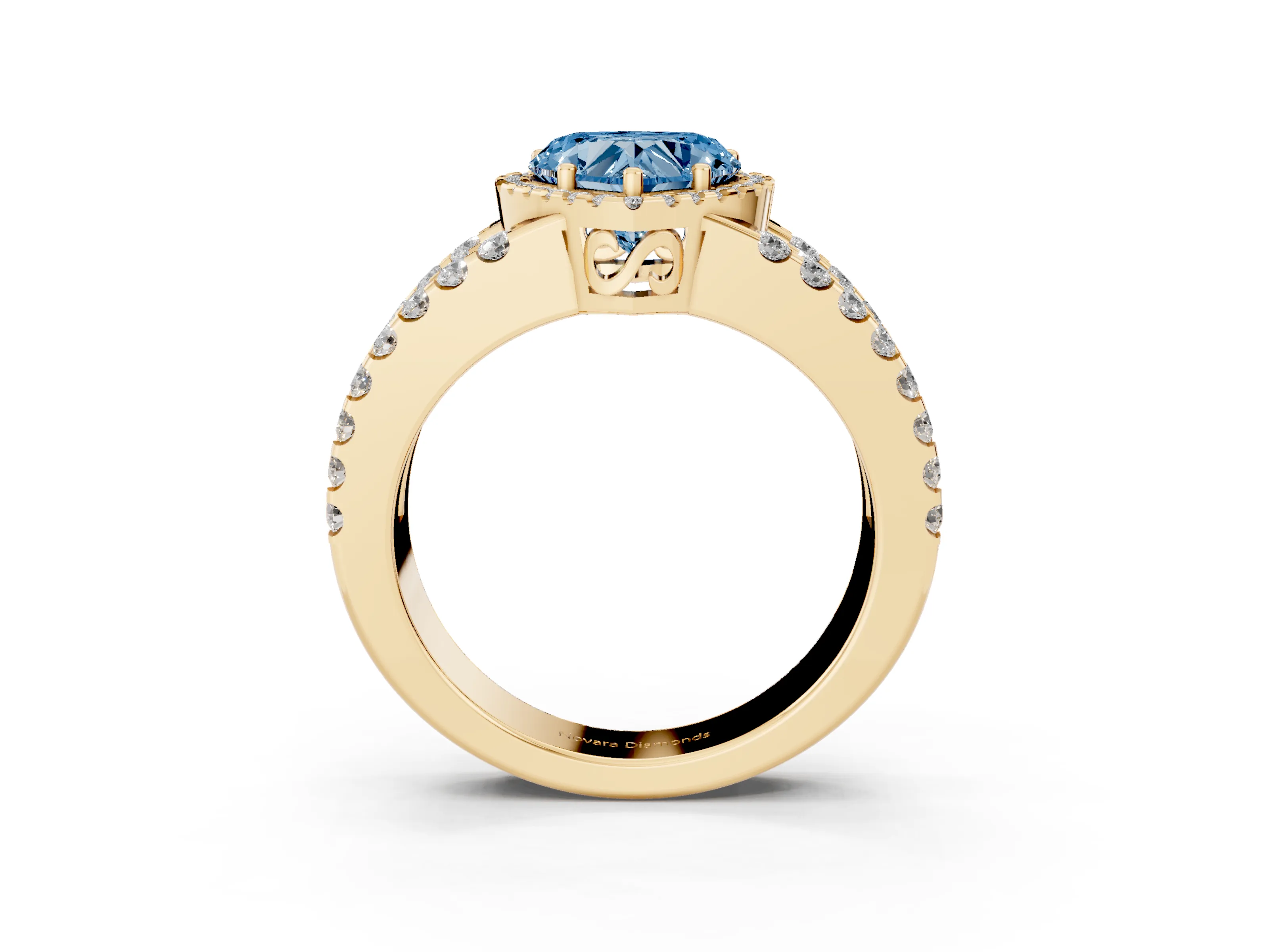 Fancy Blue Heart Cut Diamond Halo Ring Set in Yellow gold with Pavé Split Shank and Prong Setting
