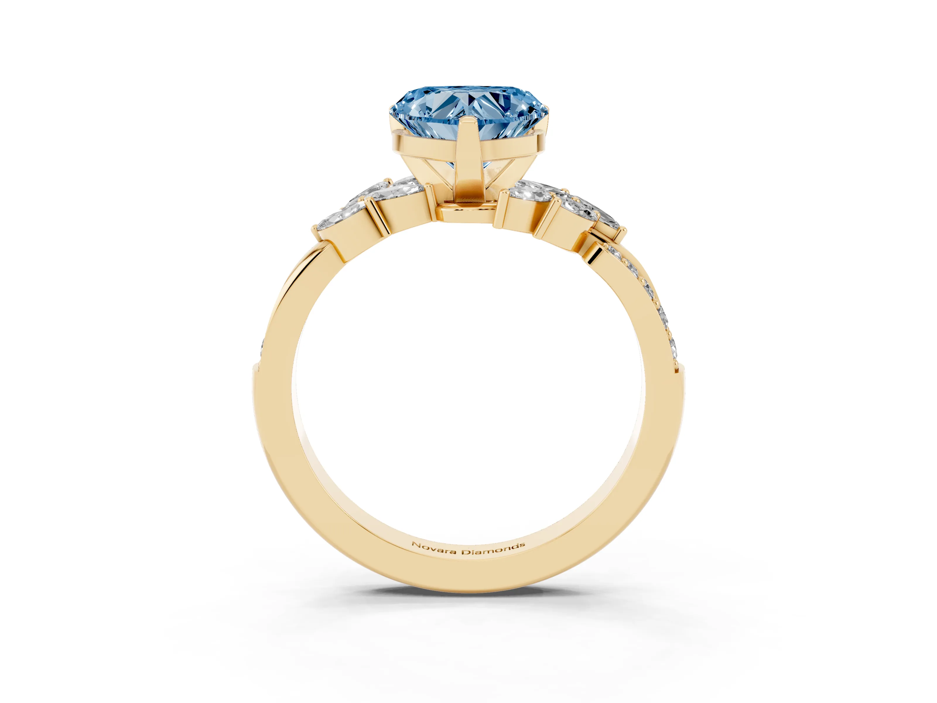 Fancy Blue Heart Cut Diamond Solitaire Ring Set in Yellow gold with Marquise Twist Band and Prong Setting
