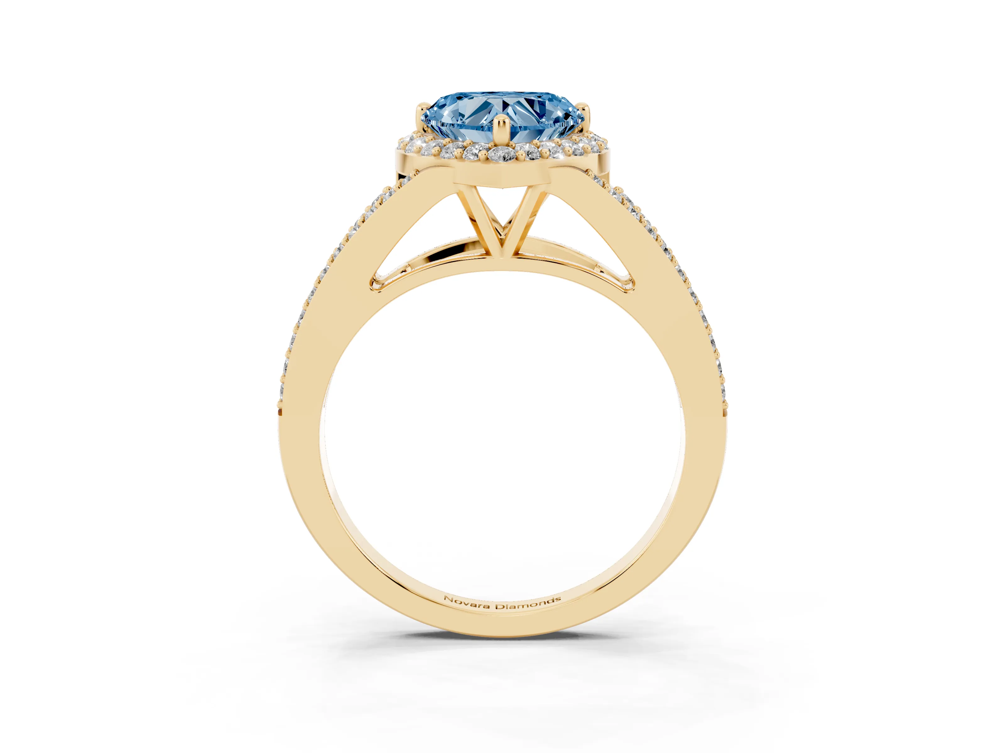 Fancy Blue Heart Cut Diamond Halo Split Shank Pavé Ring Set in Yellow gold with Prong Setting