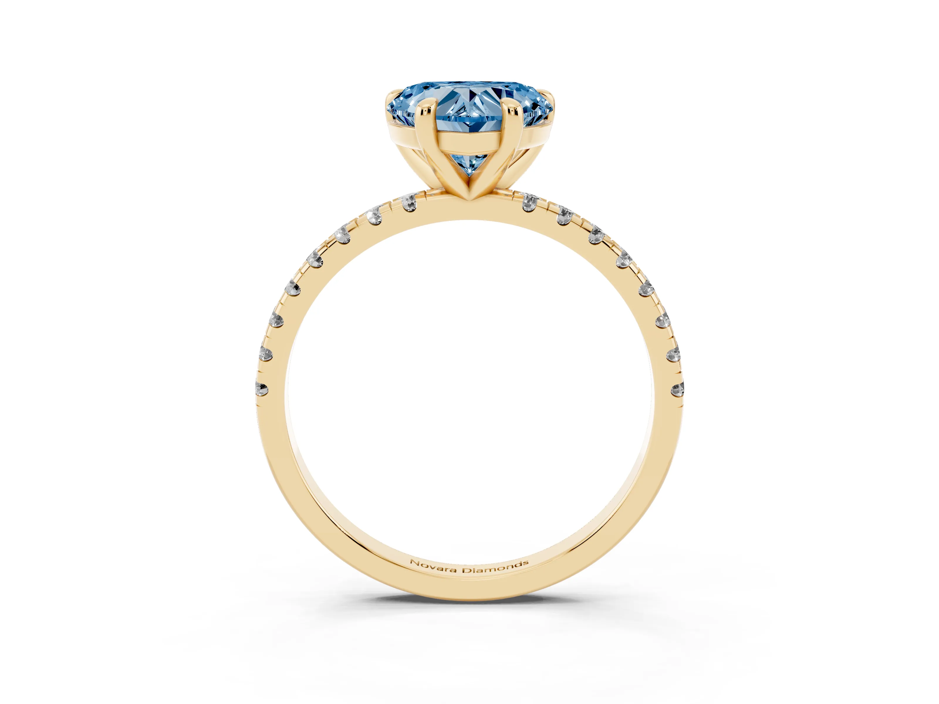 Fancy Blue Heart Cut Diamond Brilliant Solitaire Ring Set in Yellow gold with Pavé Band and Prong Setting