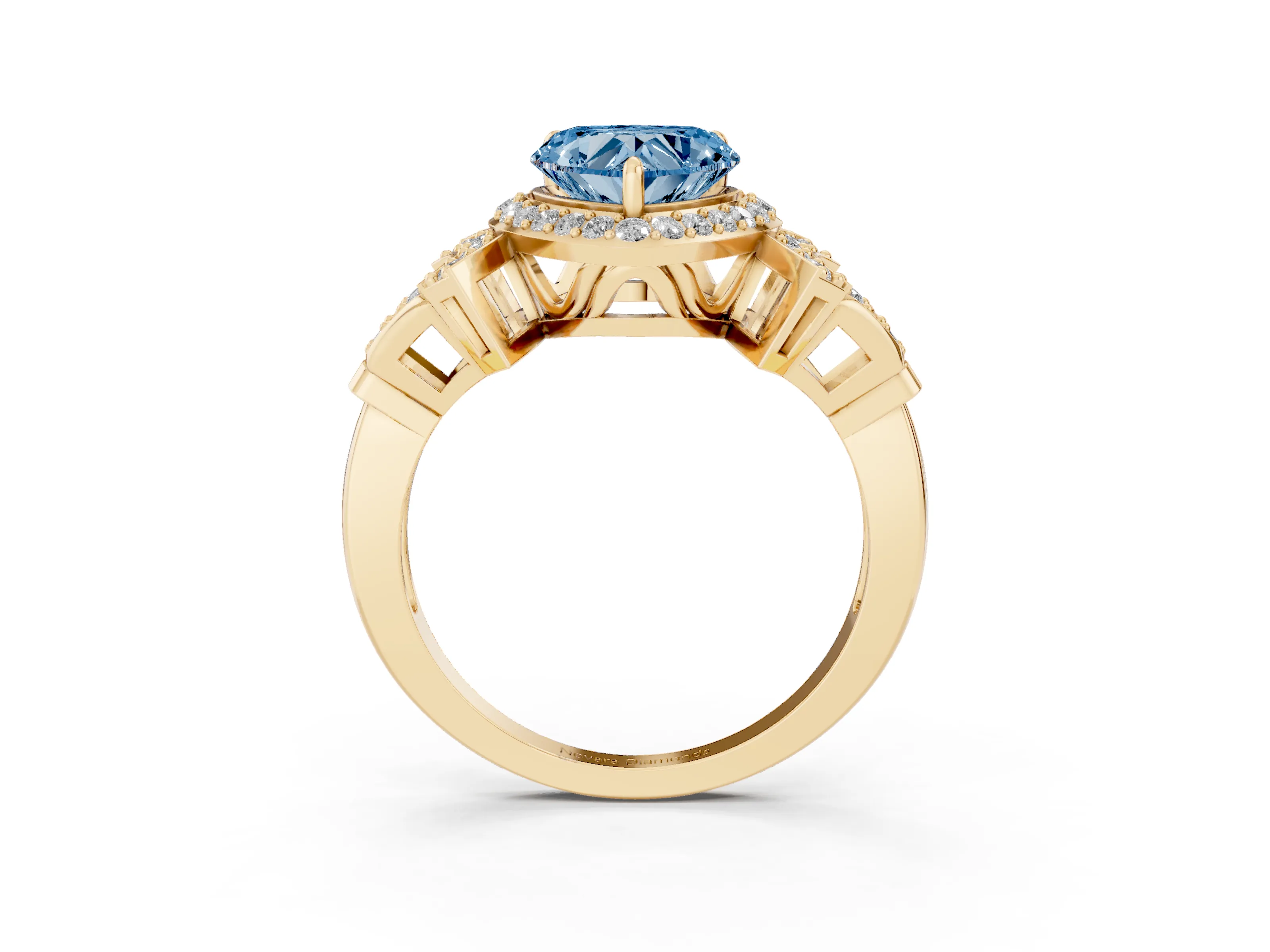 Fancy Blue Heart Cut Diamond Halo Engagement Ring Set in Yellow gold with Accent Stone Split Shank
