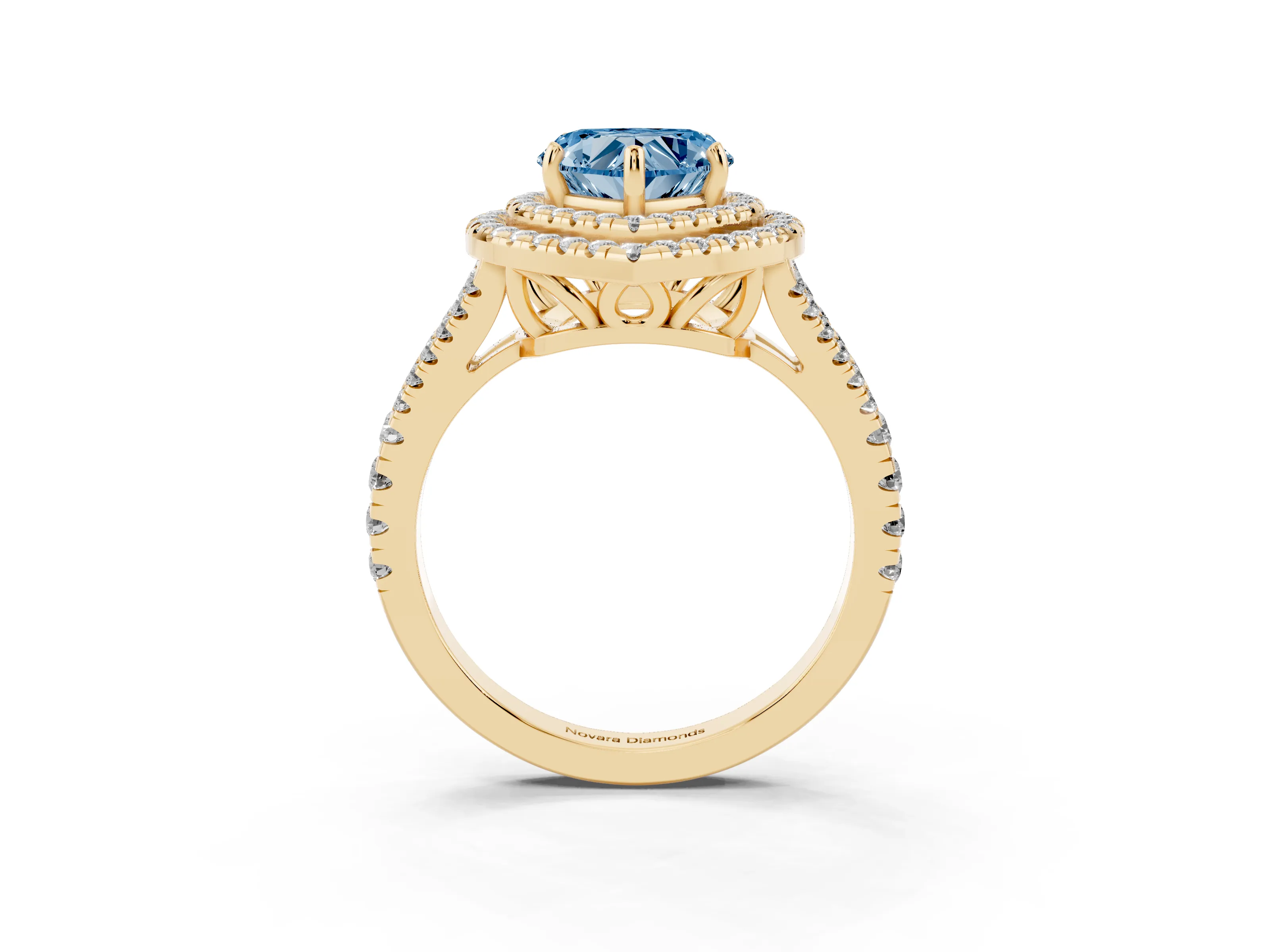 Fancy Blue Heart Cut Diamond Double Halo Ring Set in Yellow gold with Pavé Band