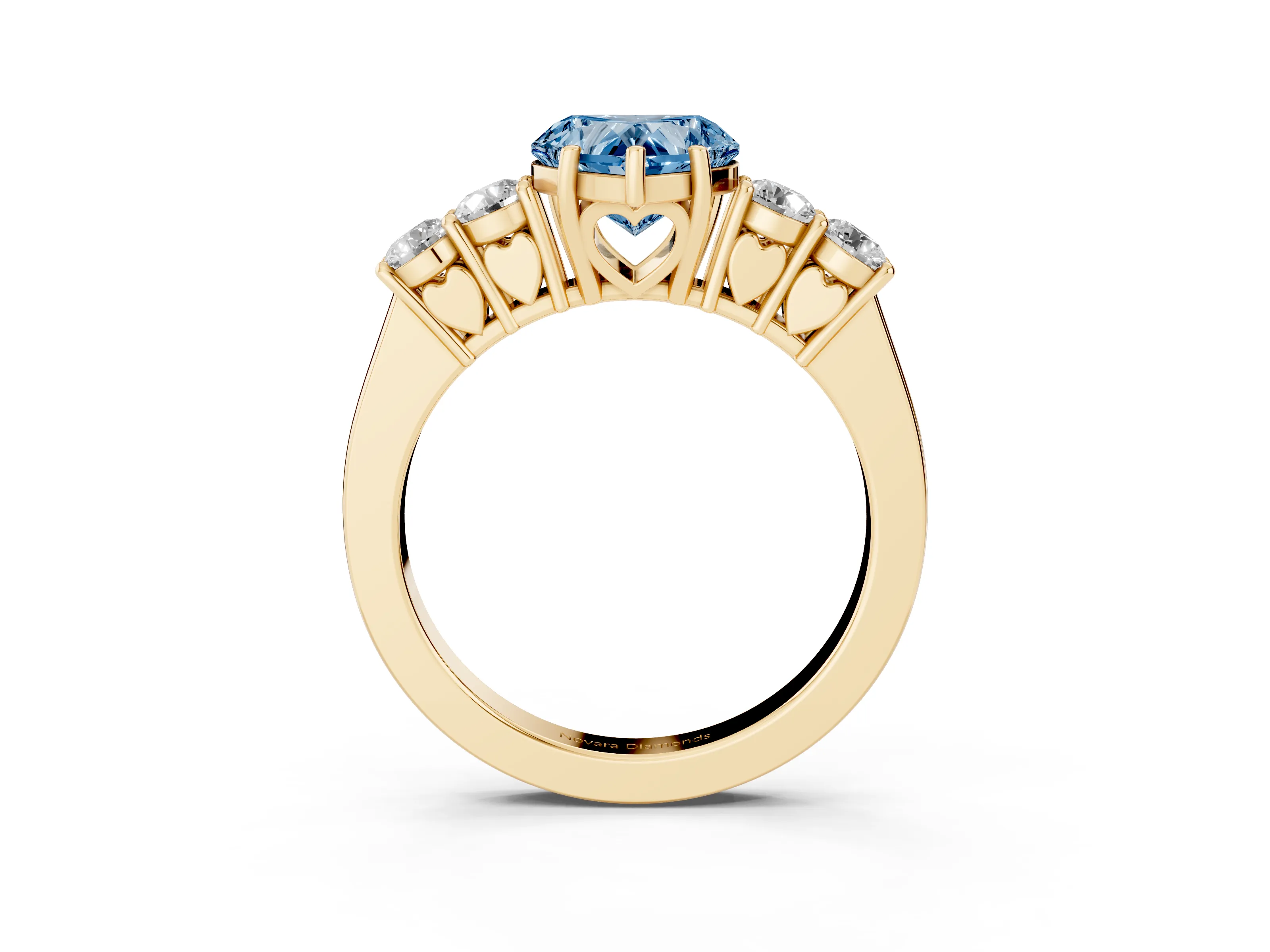 Fancy Blue Heart Cut Diamond Five-Stone Prong Set Band Ring Set in Yellow gold with Polished Band