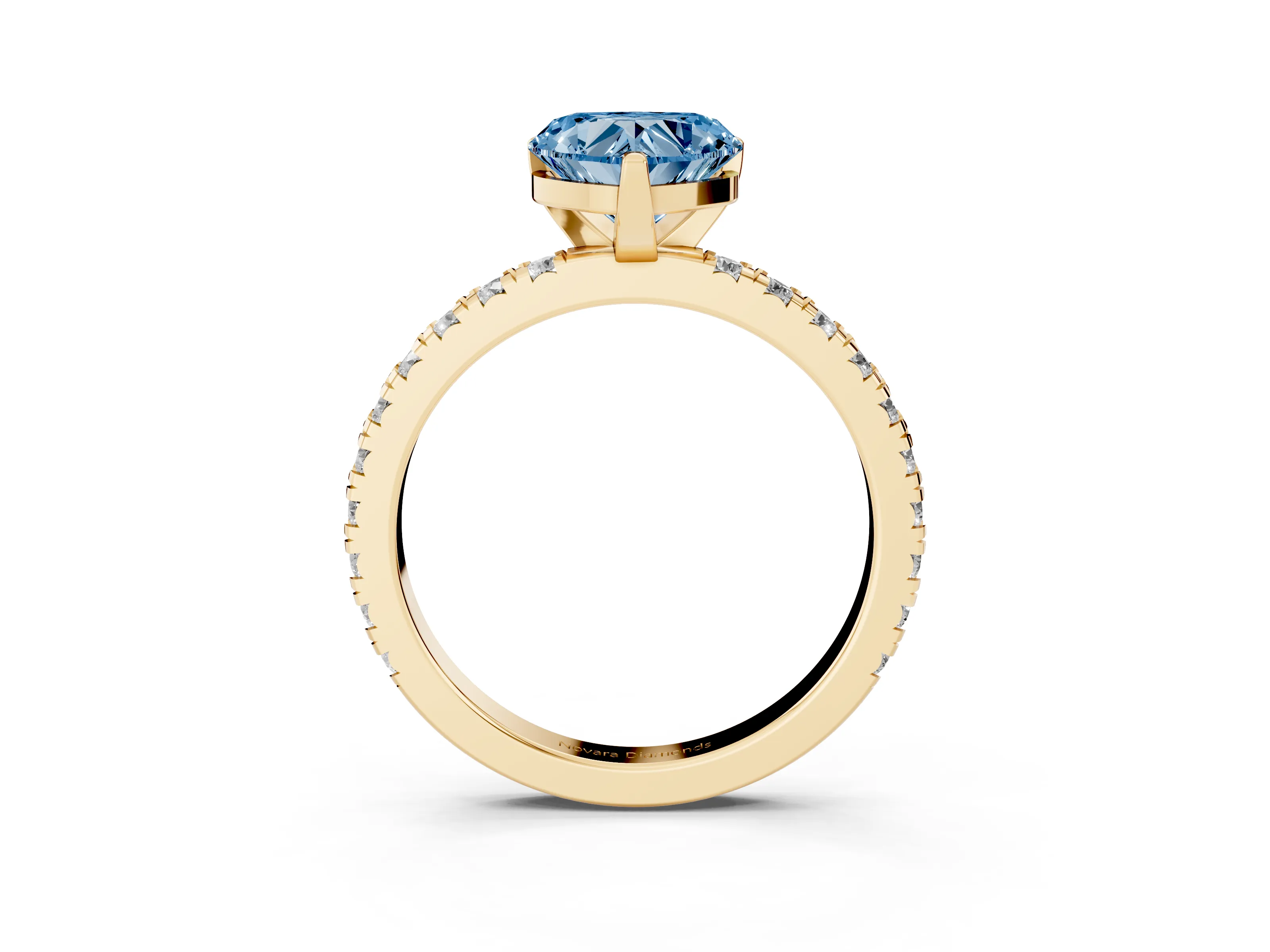 Fancy Blue Heart Cut Diamond Pavé Band Solitaire Set in Yellow gold with Prong Setting