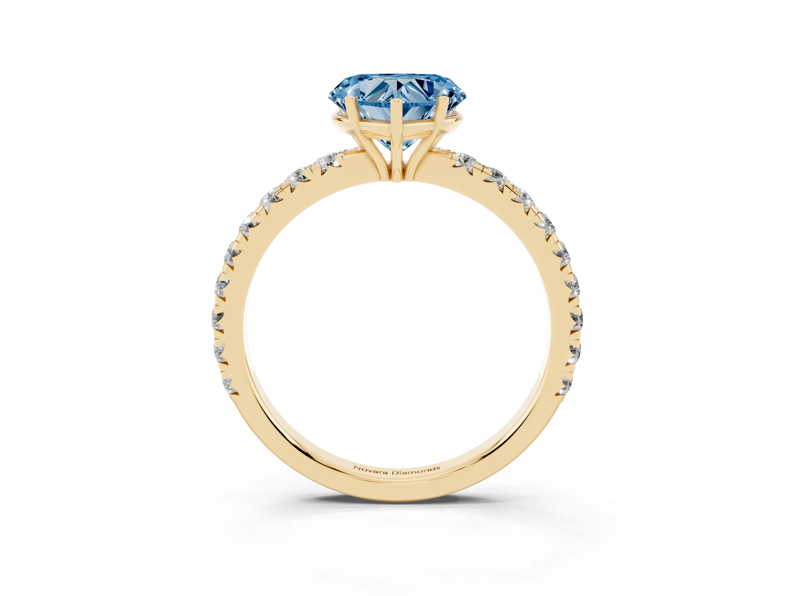 Fancy Blue Heart Cut Diamond Pavé Solitaire Engagement Ring Set in Yellow gold with Prong Setting