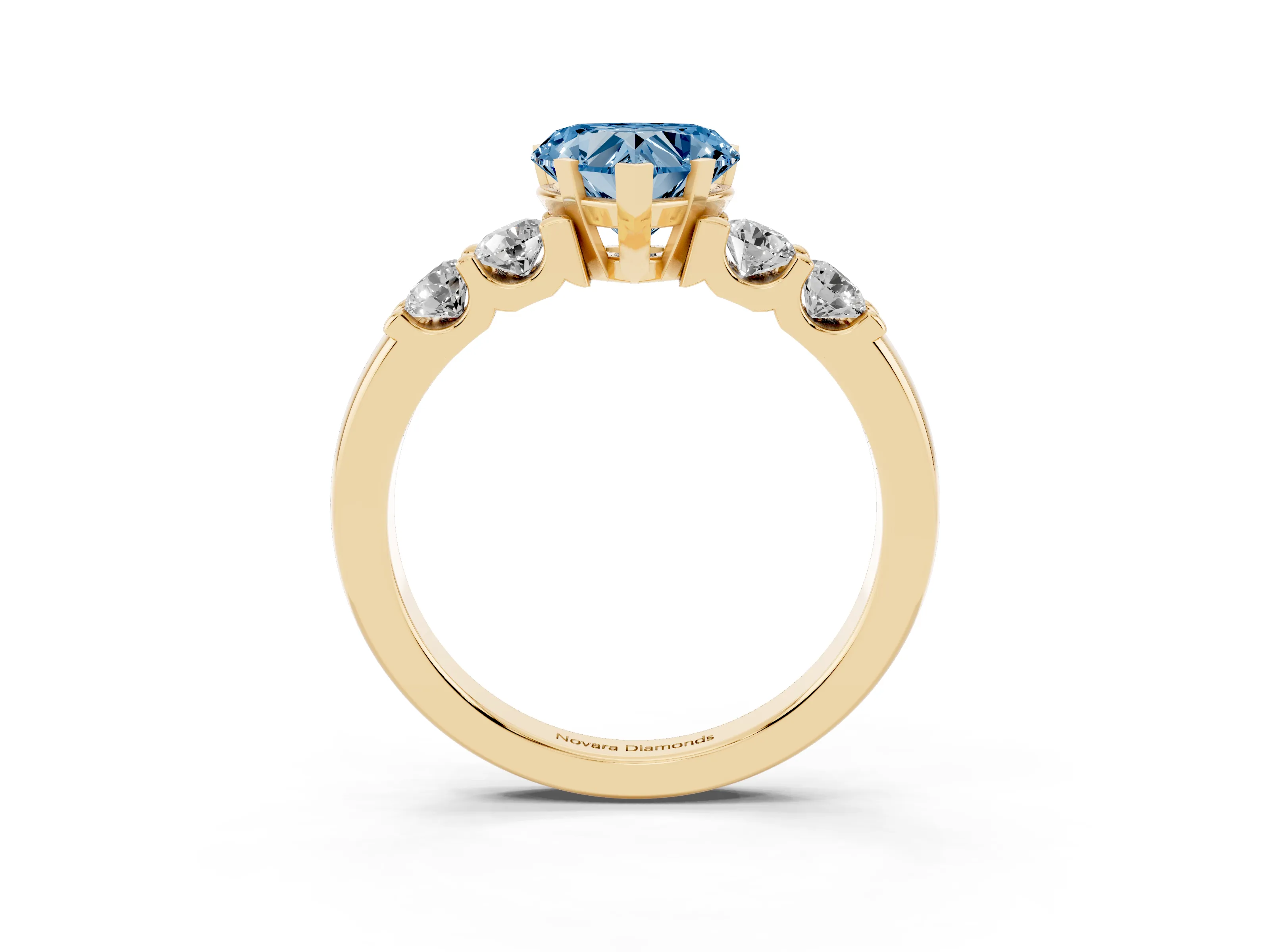 Fancy Blue Heart Cut Diamond Five-Stone Prong Set Engagement Ring Set in Yellow gold with Channel Band