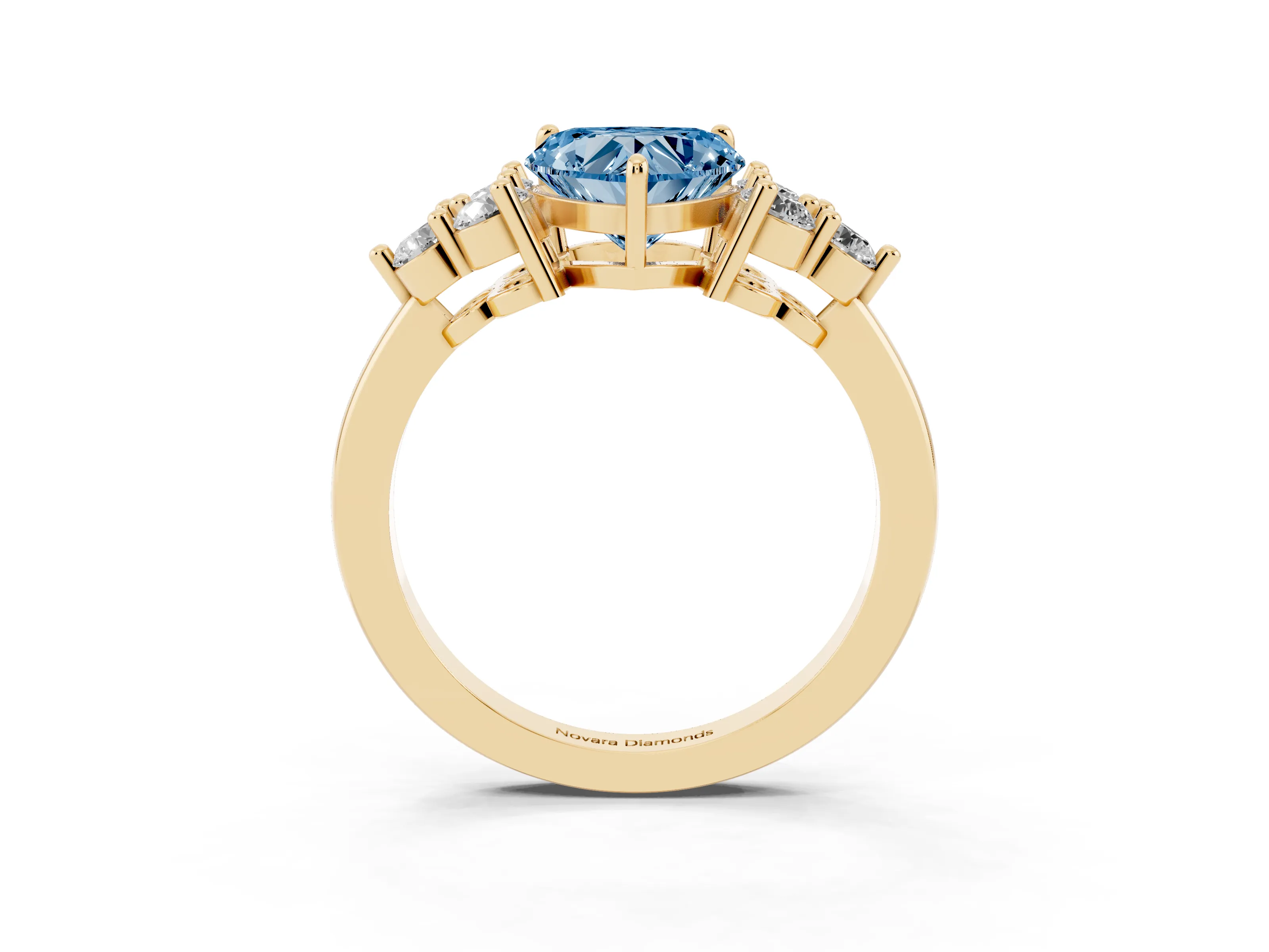 Fancy Blue Heart Cut Diamond Solitaire Ring Set in Yellow gold with Cluster Accents on Each Side