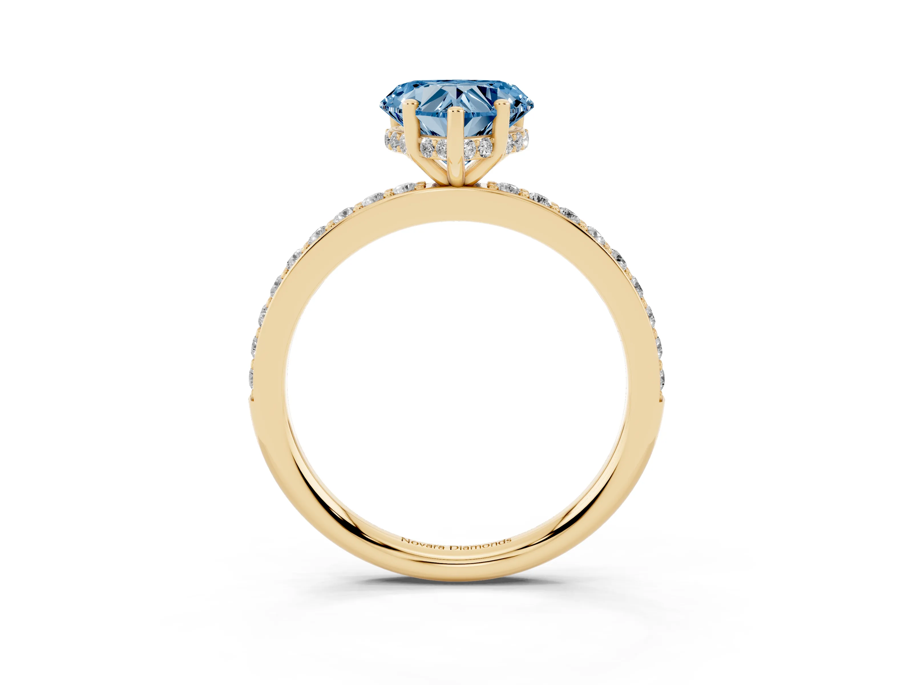 Fancy Blue Heart Cut Diamond Pavé Band Ring Set in Yellow gold with Prong-Set Center Stone