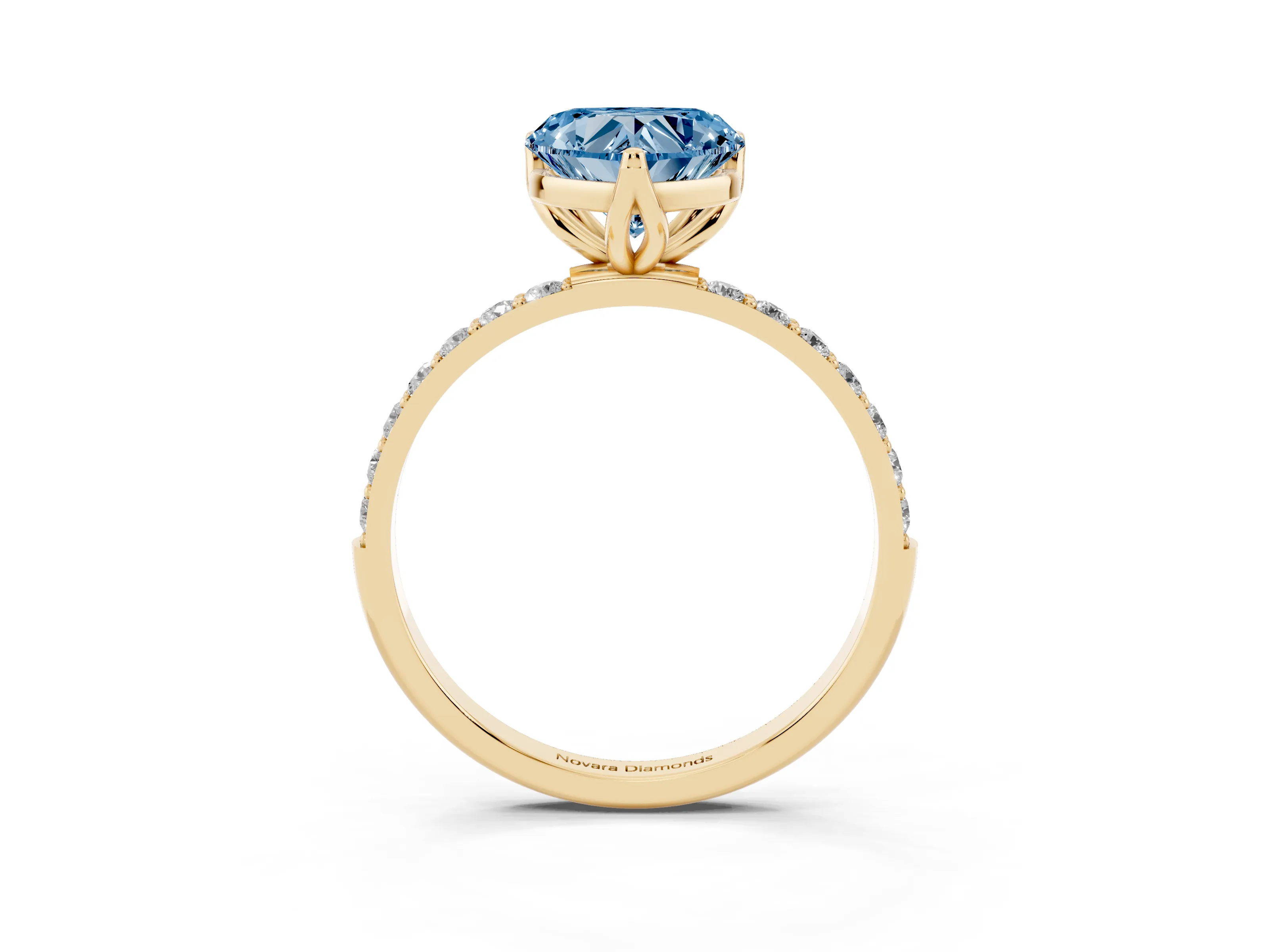 Fancy Blue Heart Cut Diamond Solitaire Engagement Ring Set in Yellow gold with Round Pavé Band and Prong Setting