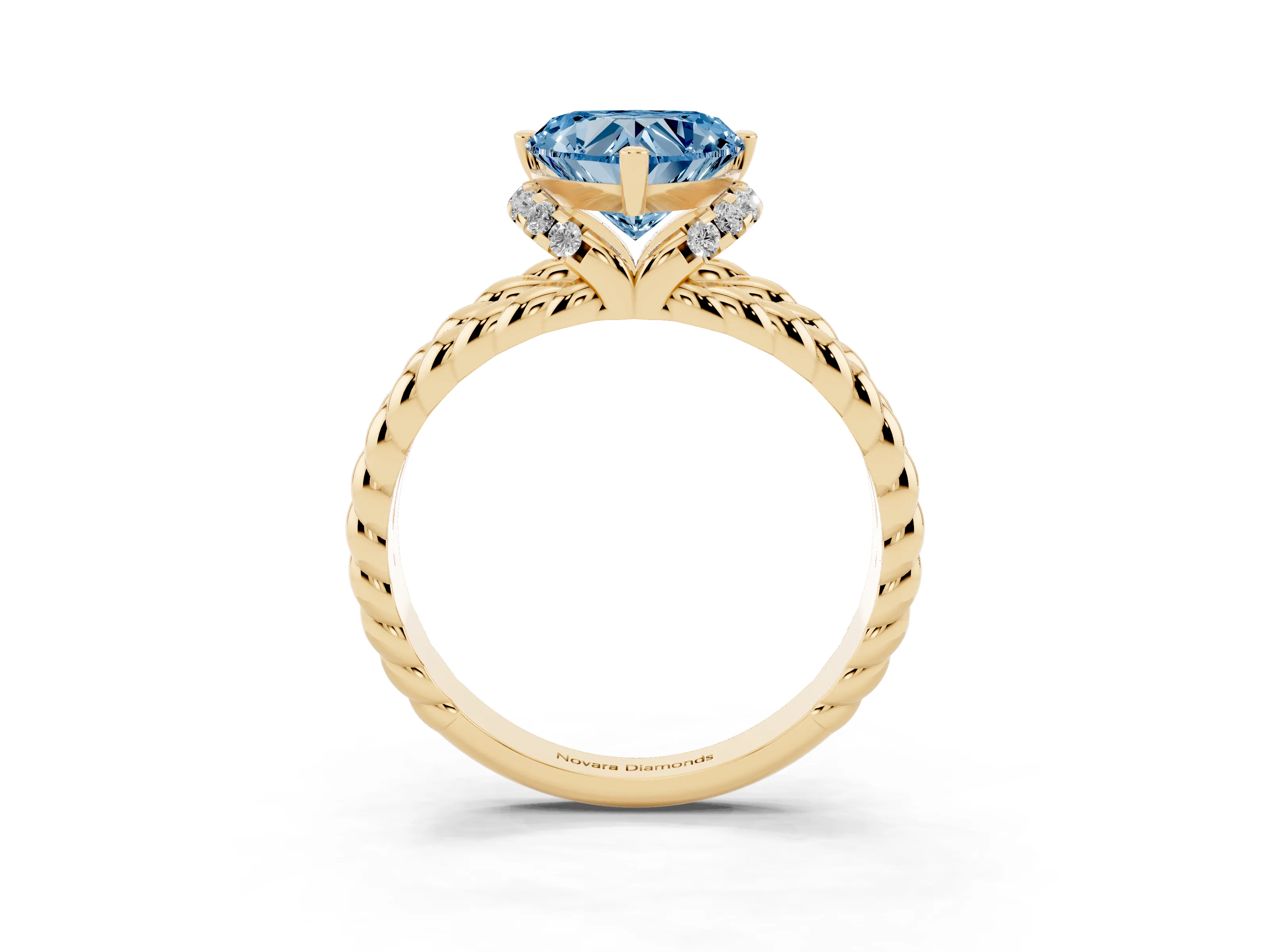 Fancy Blue Heart Cut Diamond Halo Ring Set in Yellow gold with Twisted Band and Prong Setting