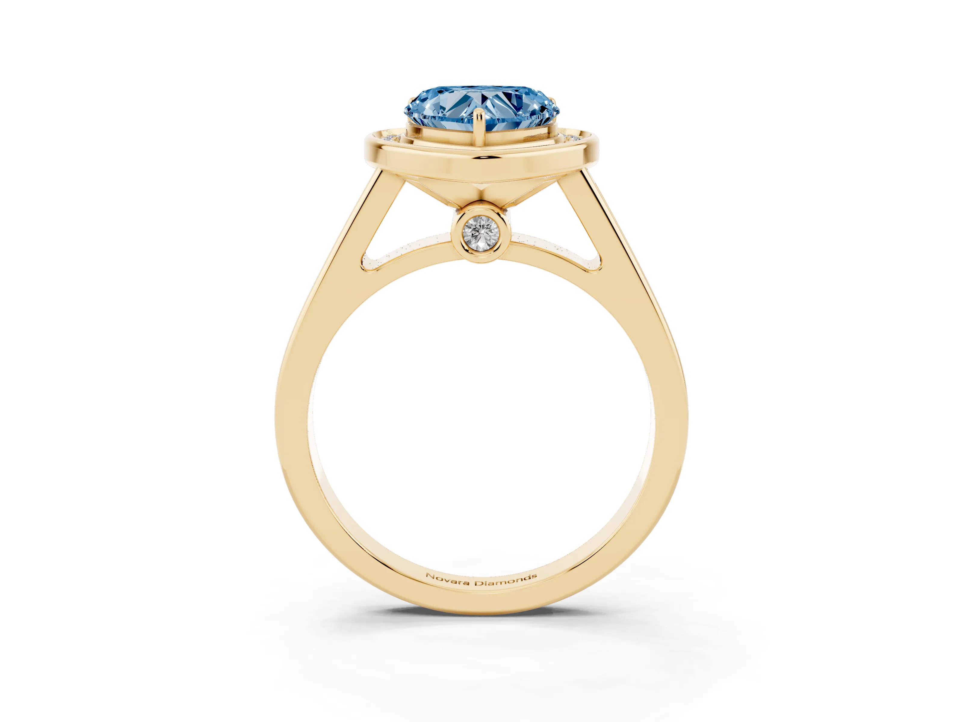 Fancy Blue Heart Cut Diamond Halo Solitaire Ring Set in Yellow gold with Pavé Band and Bezel Setting