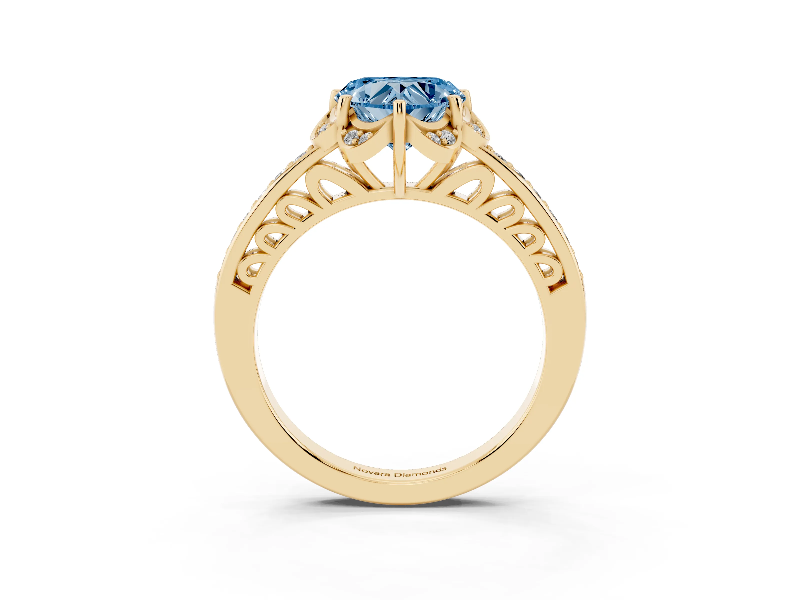 Fancy Blue Heart Cut Diamond Halo Ring Set in Yellow gold with Channel Set Band and Prong Setting