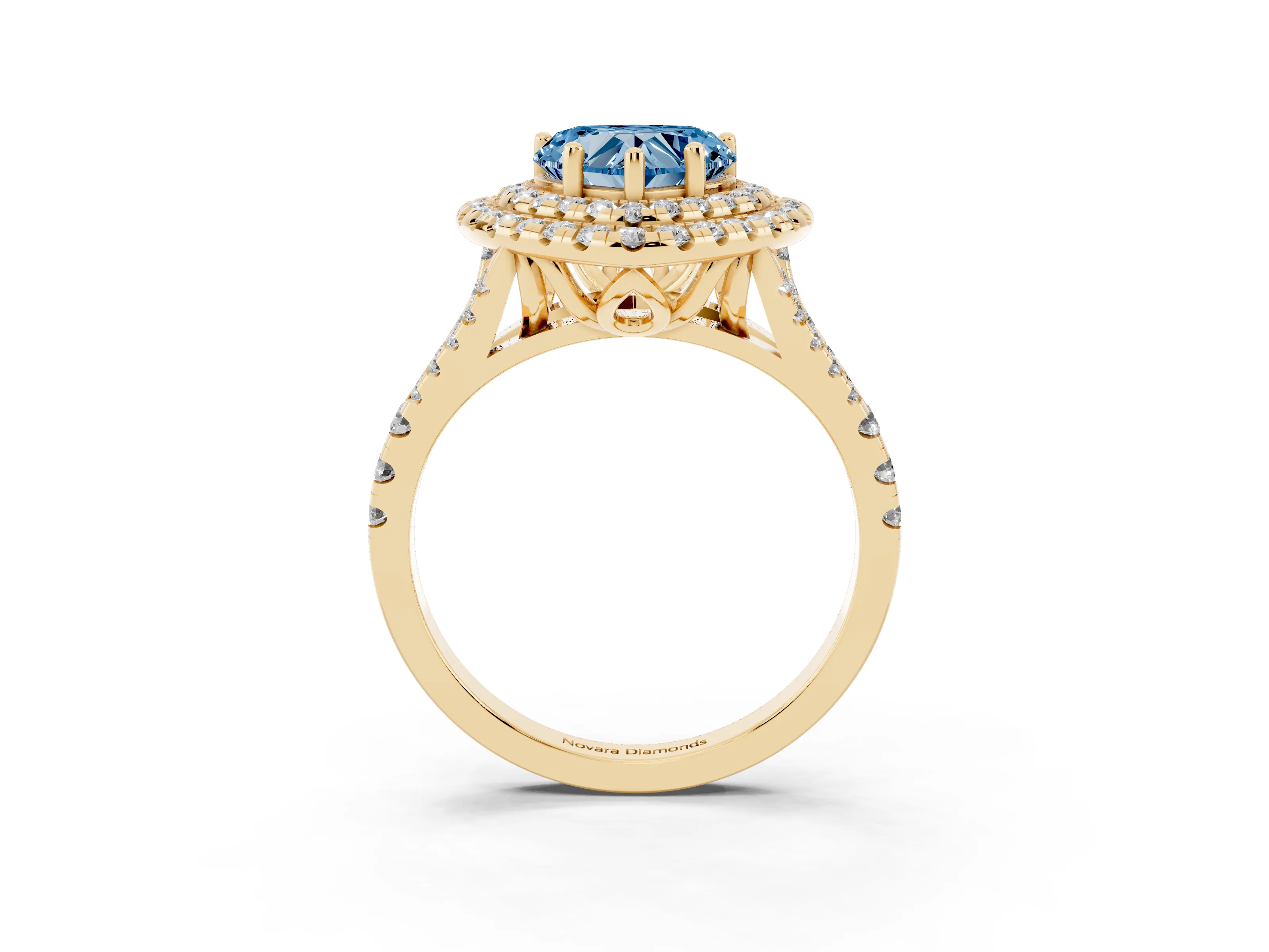 Fancy Blue Heart Cut Diamond Double Halo Ring Set in Yellow gold with Pavé Split Shank and Prong Setting