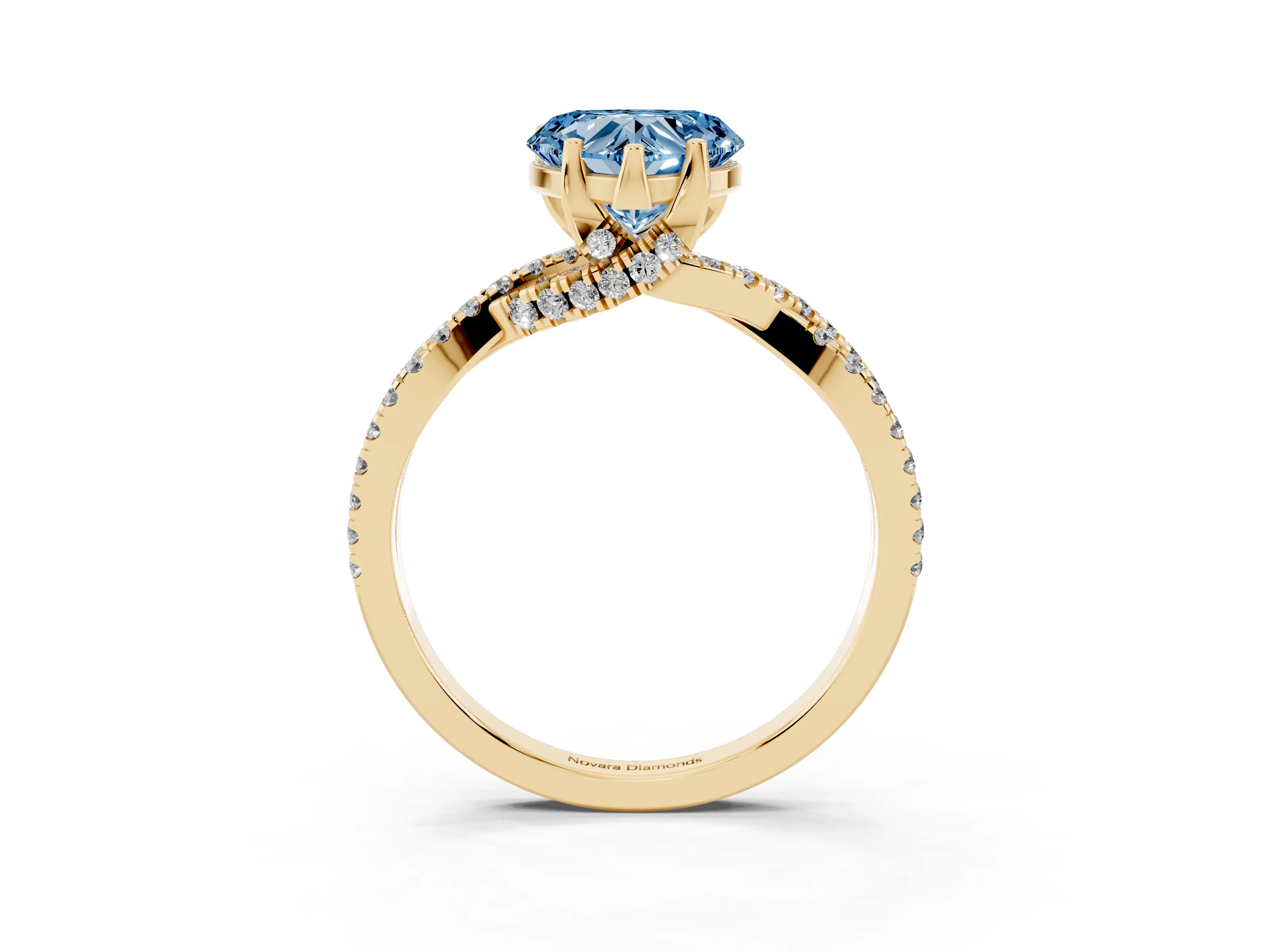 Fancy Blue Heart Cut Diamond Twist Pavé Solitaire Engagement Ring Set in Yellow gold with Prong Setting