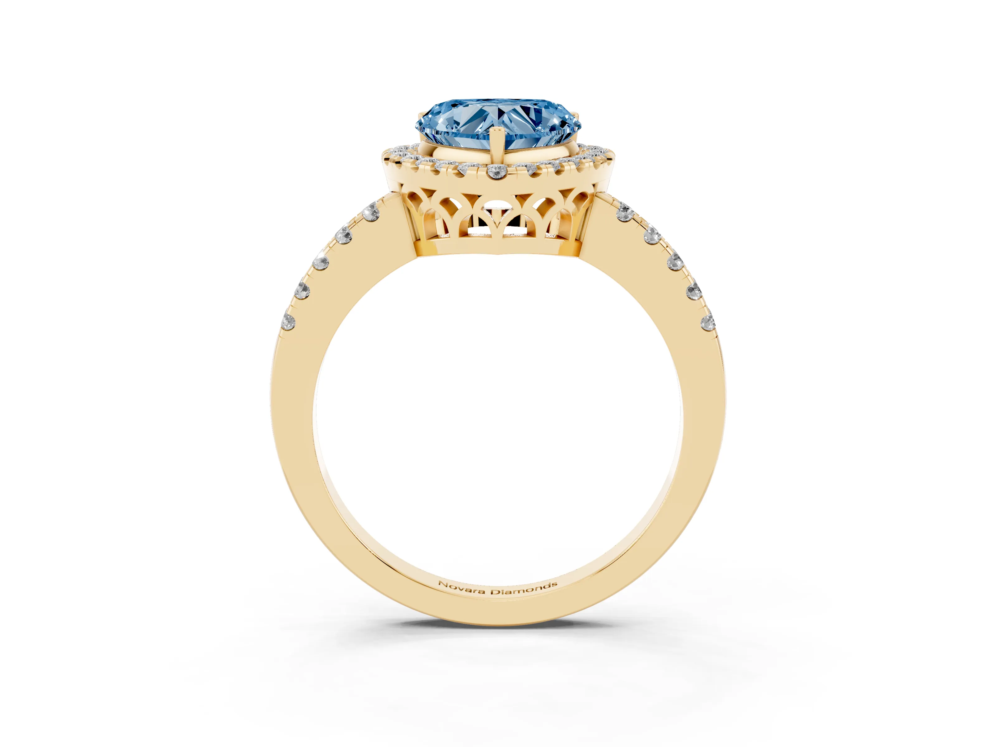 Fancy Blue Heart Cut Diamond Pavé Band Halo Engagement Ring Set in Yellow gold with Prong Setting