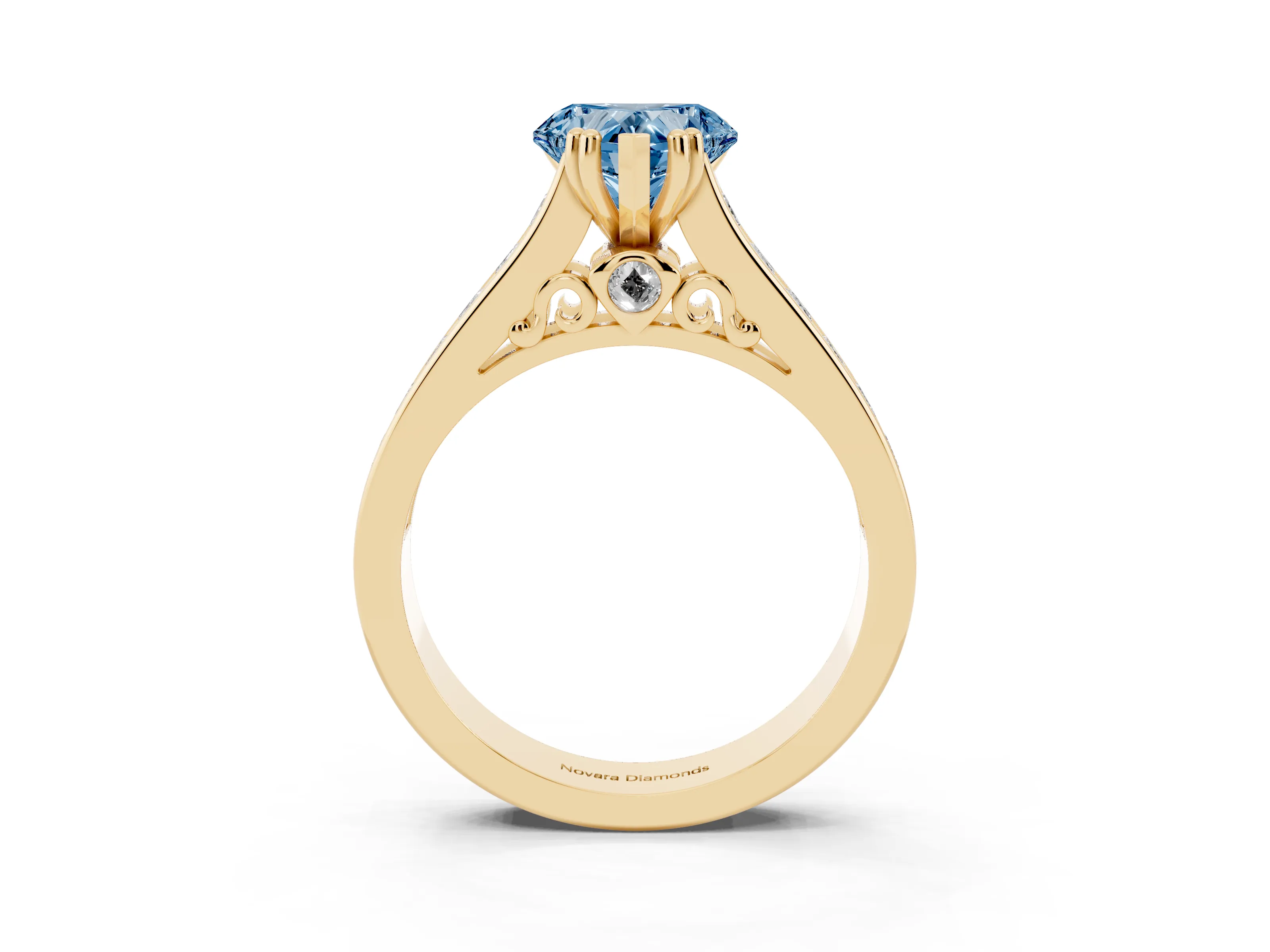 Fancy Blue Heart Cut Diamond Channel Set Solitaire Engagement Ring Set in Yellow gold with Prong Setting