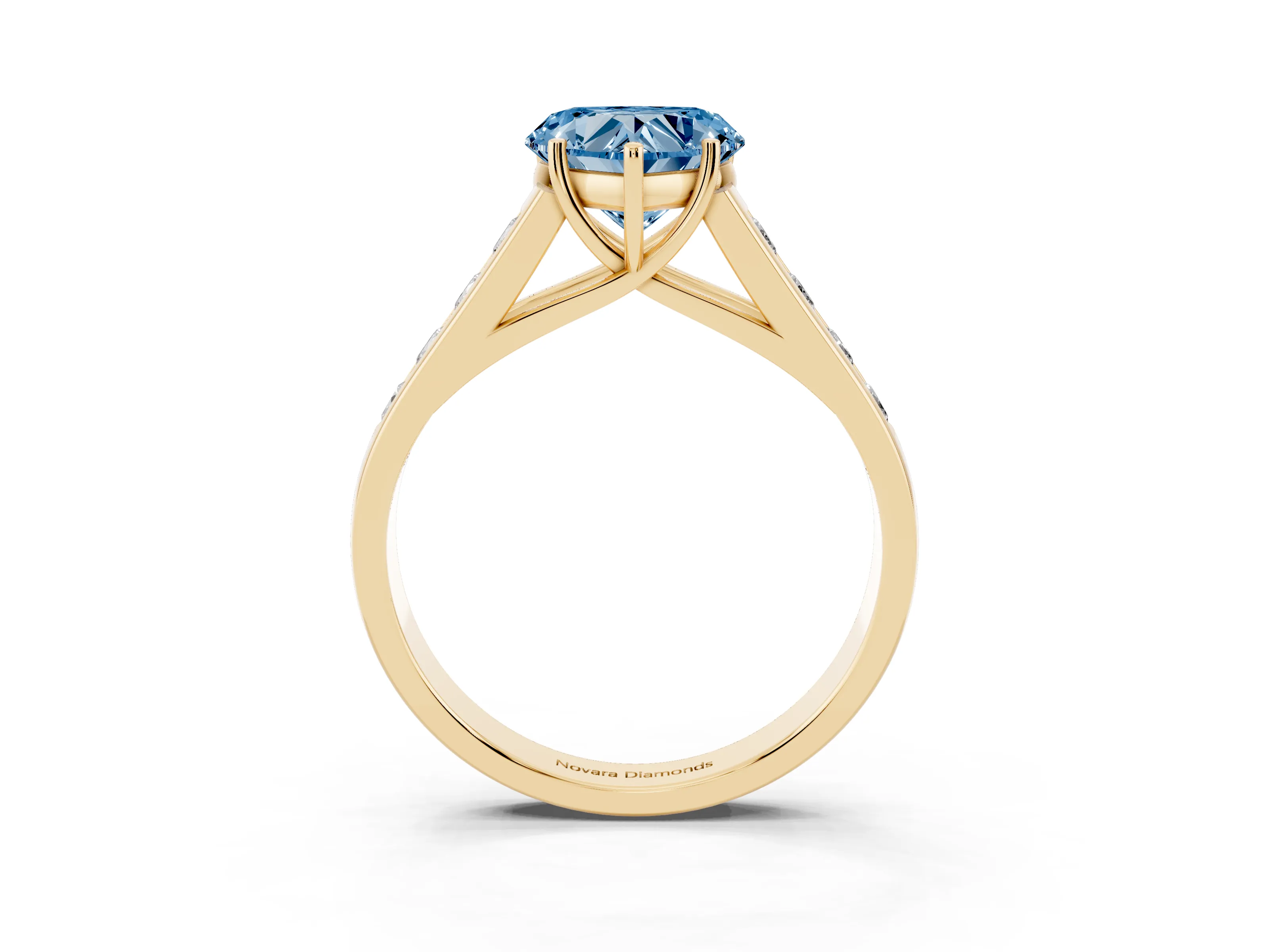 Fancy Blue Heart Cut Diamond Solitaire Channel-Set Engagement Ring Set in Yellow gold with Prong Setting