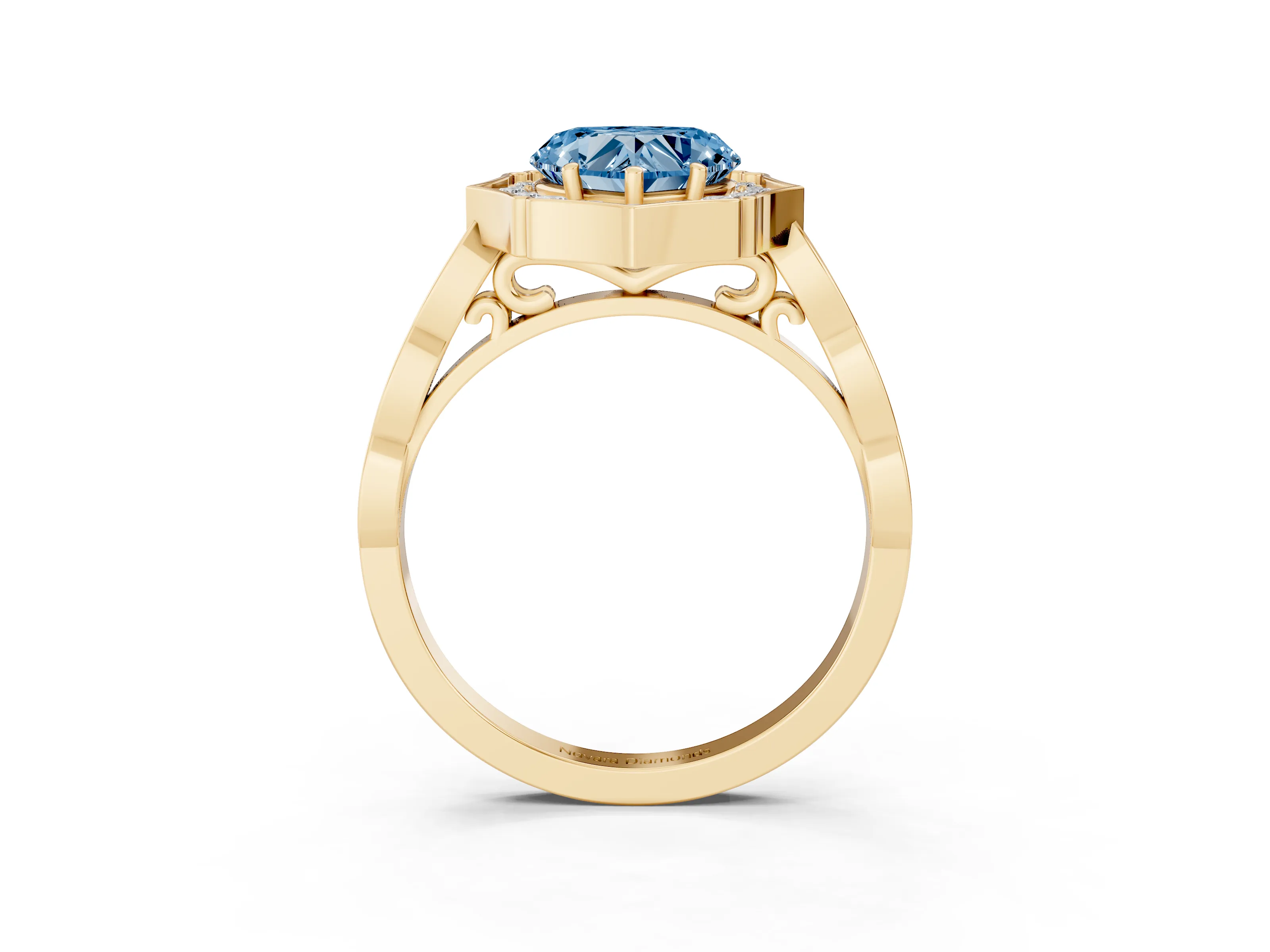 Fancy Blue Heart Cut Diamond Halo Engagement Ring Set in Yellow gold with Milgrain Band and Prong Setting