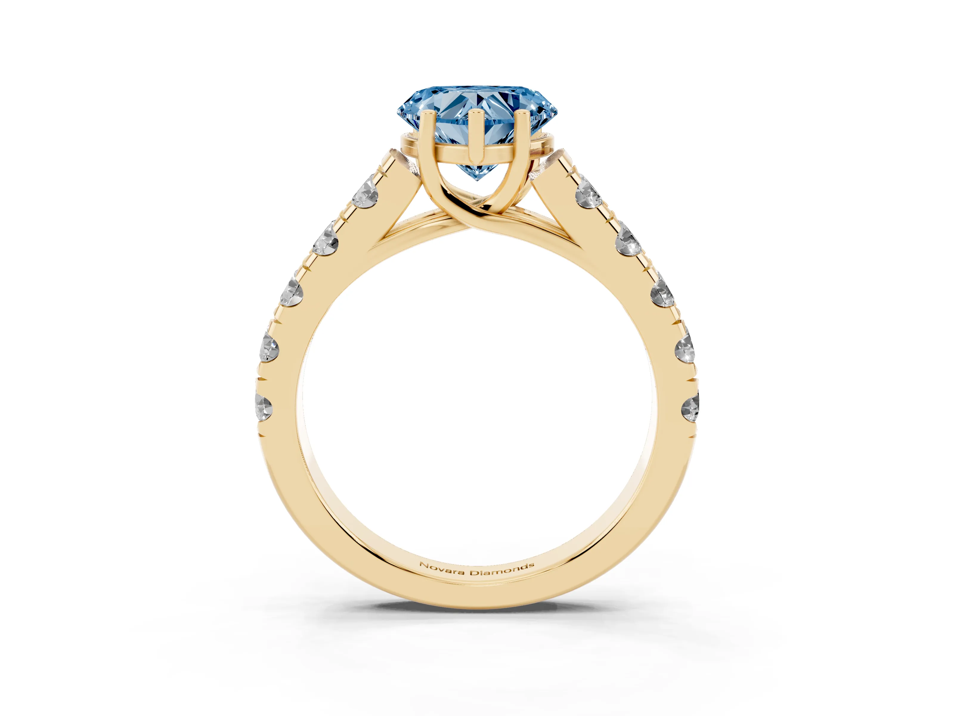 Fancy Blue Heart Cut Diamond Solitaire Ring Set in Yellow gold with Cut-Down Micro Pavé Band and Prong Setting