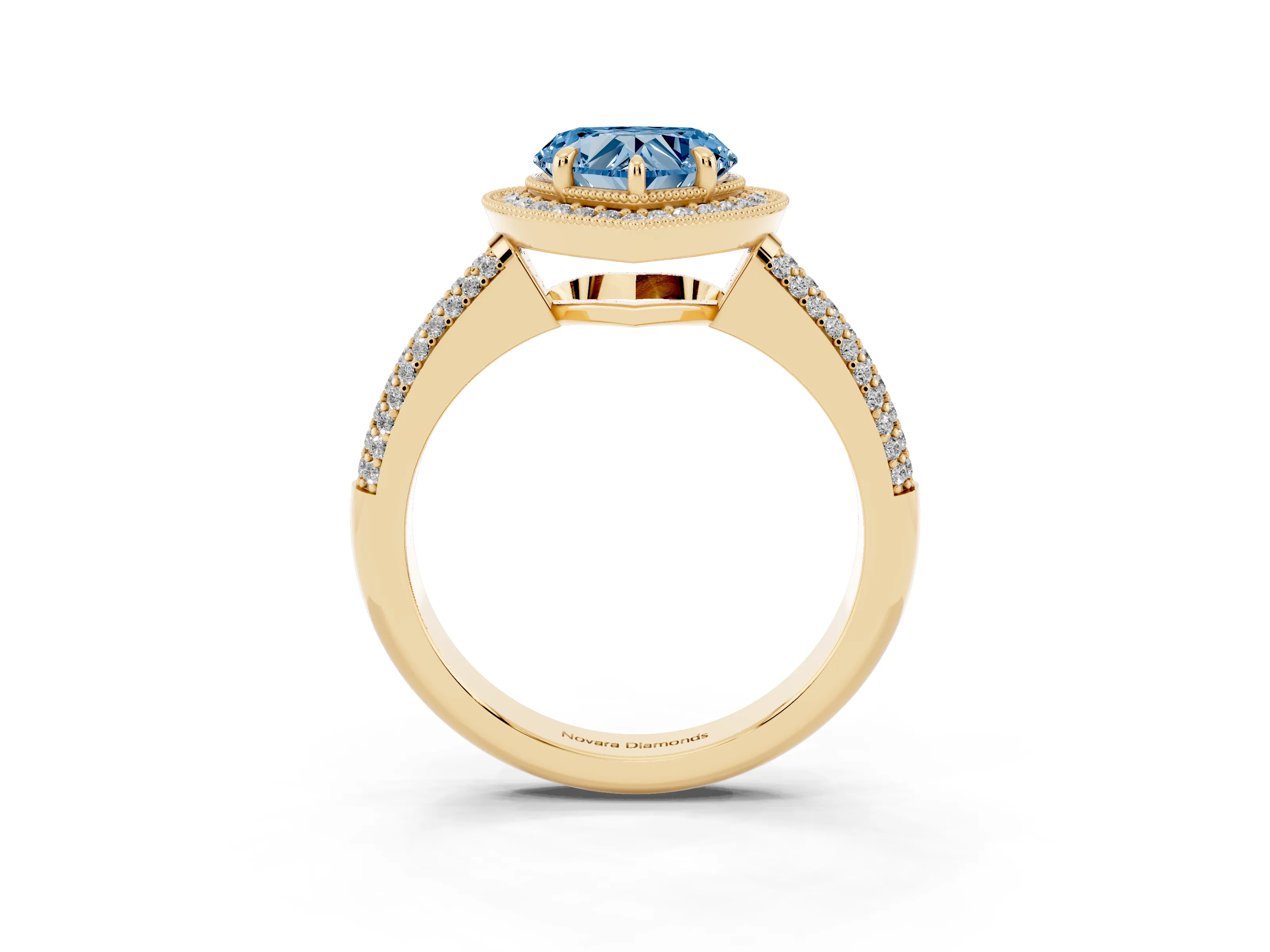 Fancy Blue Heart Cut Diamond Halo Pavé Band Set in Yellow gold with Prong Setting