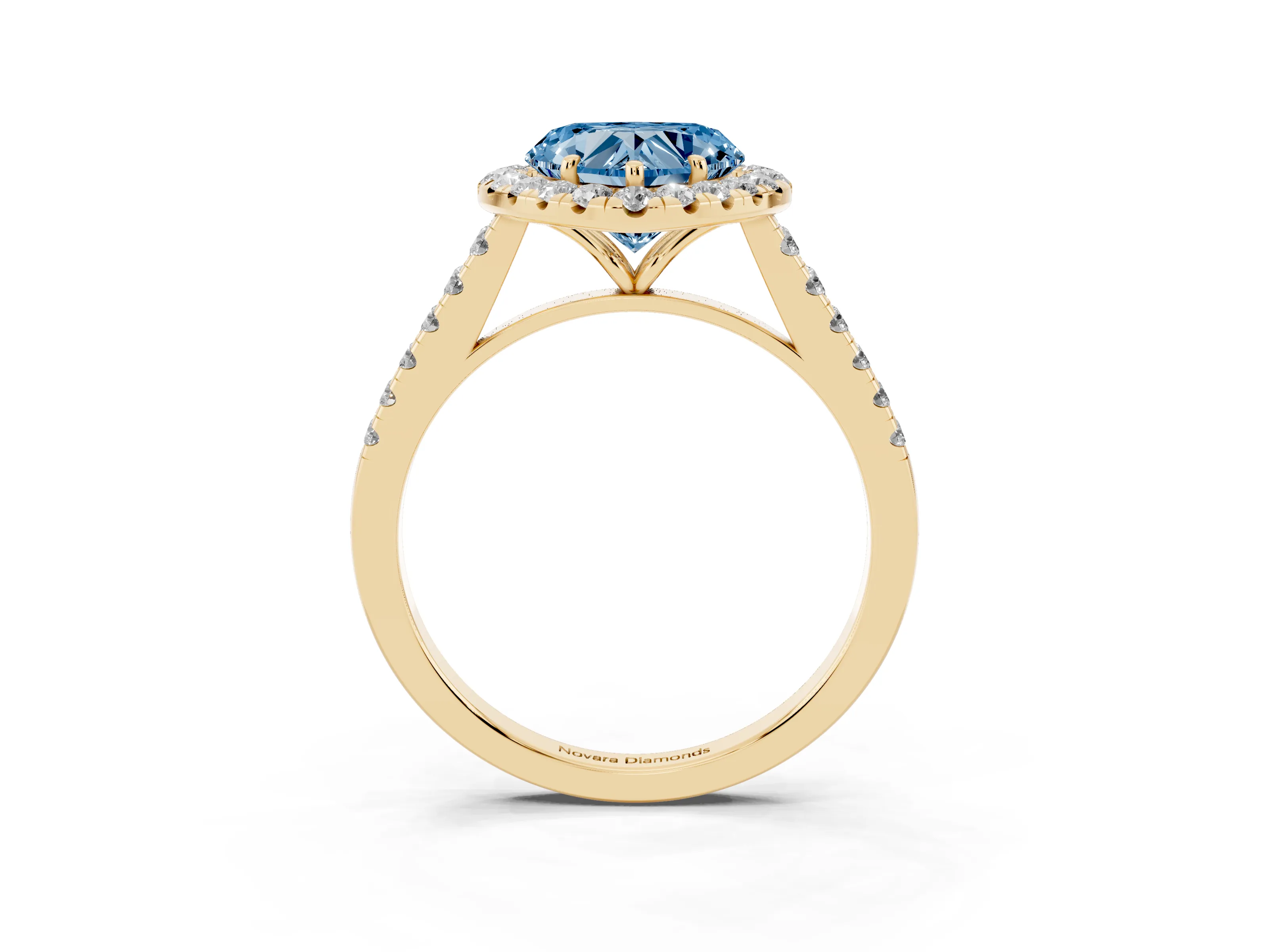 Fancy Blue Heart Cut Diamond Halo Pavé Engagement Ring Set in Yellow gold with Prong Setting