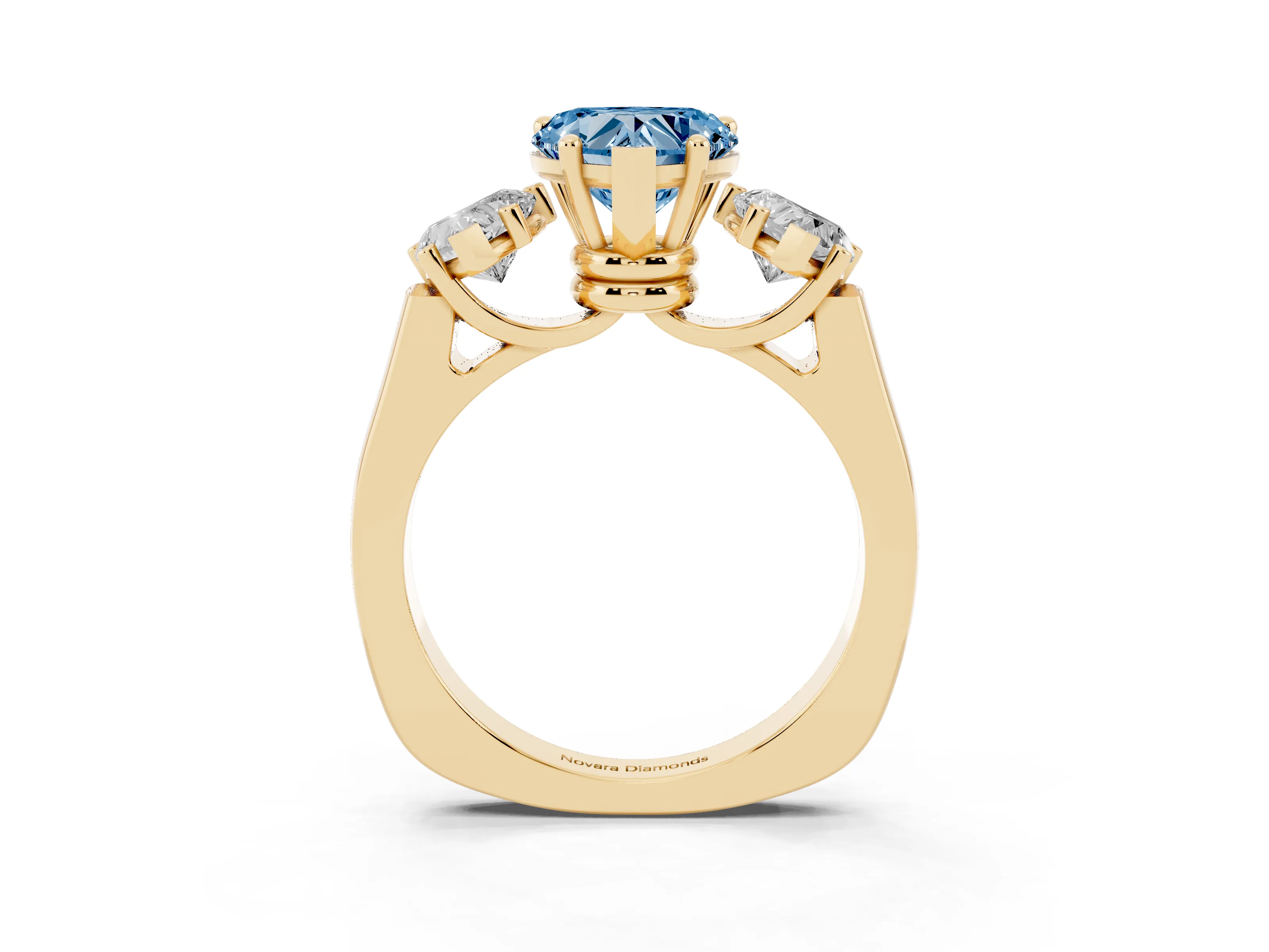 Fancy Blue Heart Cut Diamond Three-Stone Trellis Ring Set in Yellow gold with Comfort Fit Band