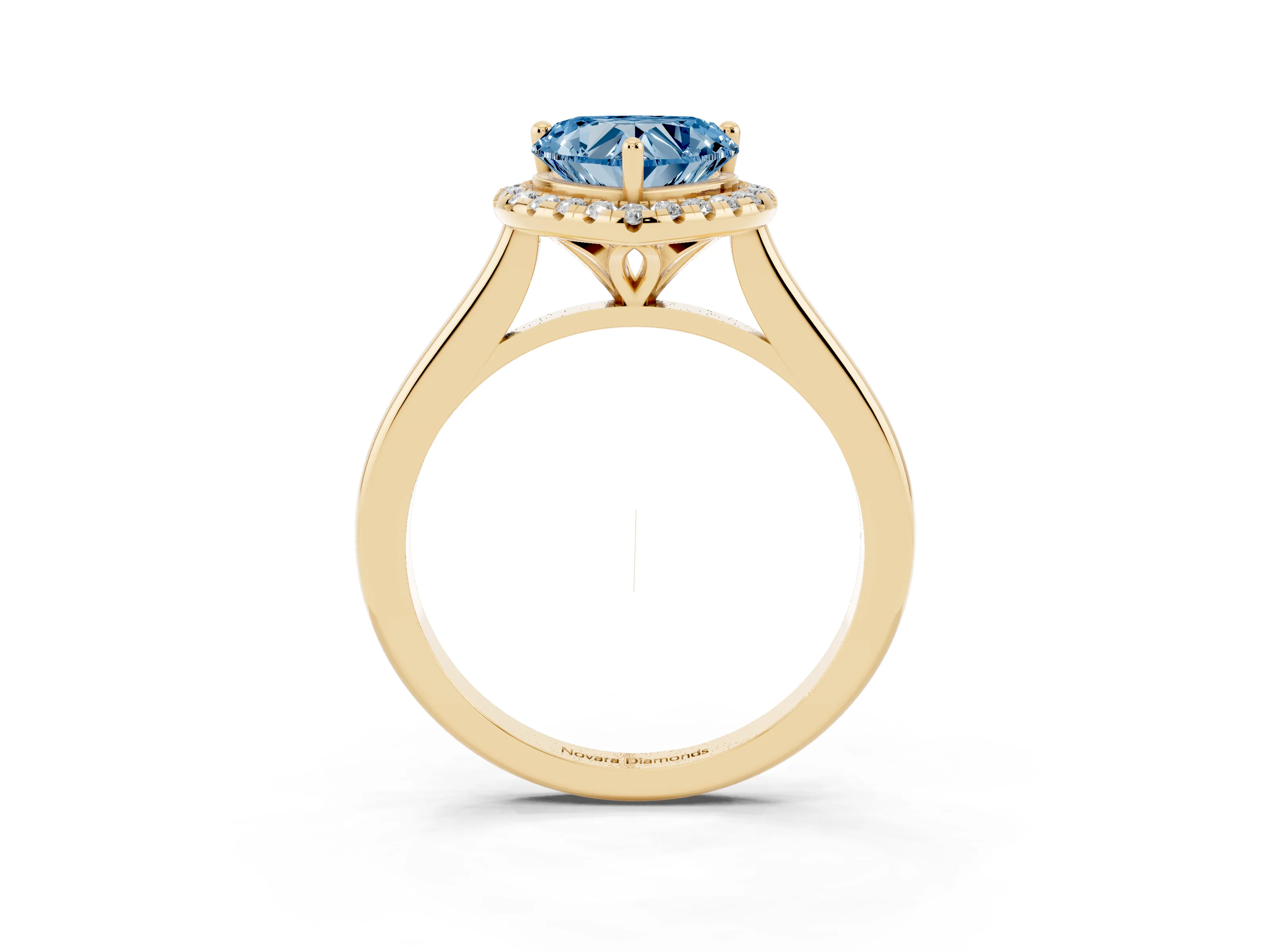 Fancy Blue Heart Cut Diamond Halo Engagement Ring Set in Yellow gold with Pavé Band and Rising Shoulders