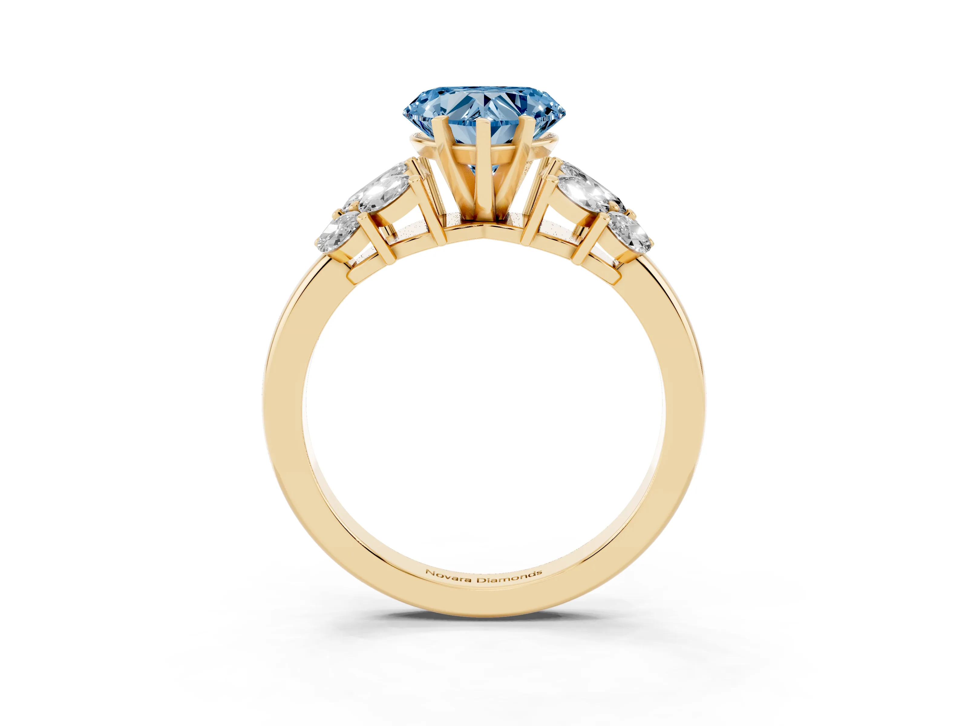 Fancy Blue Heart Cut Diamond Cluster Leaf Design Ring Set in Yellow gold with Prong Setting