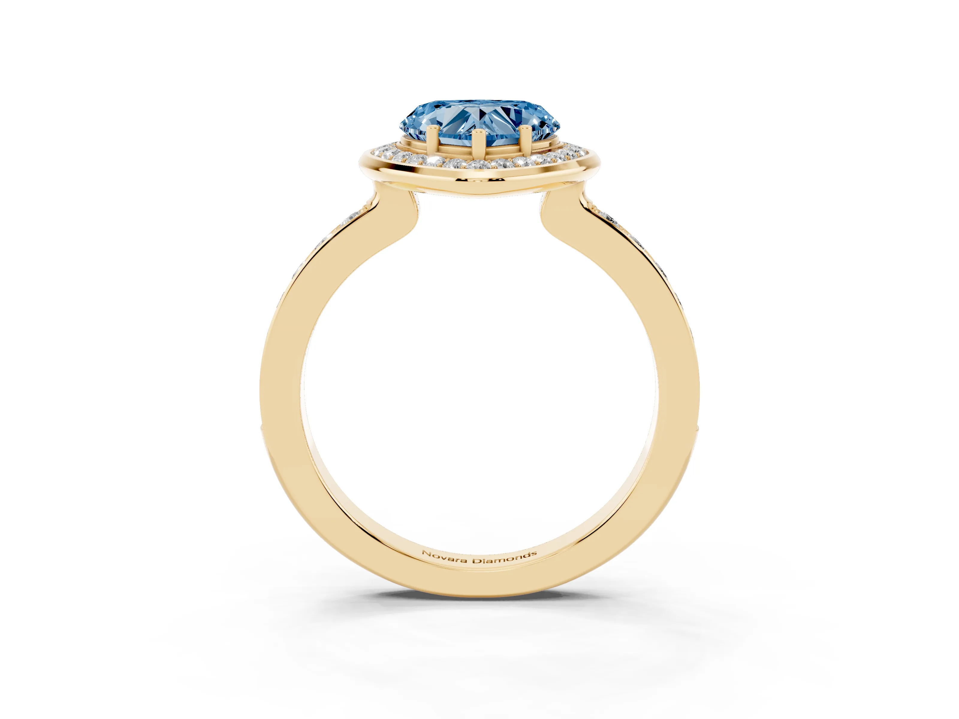 Fancy Blue Heart Cut Diamond Halo Ring Set in Yellow gold with Bezel Frame and Pavé Band