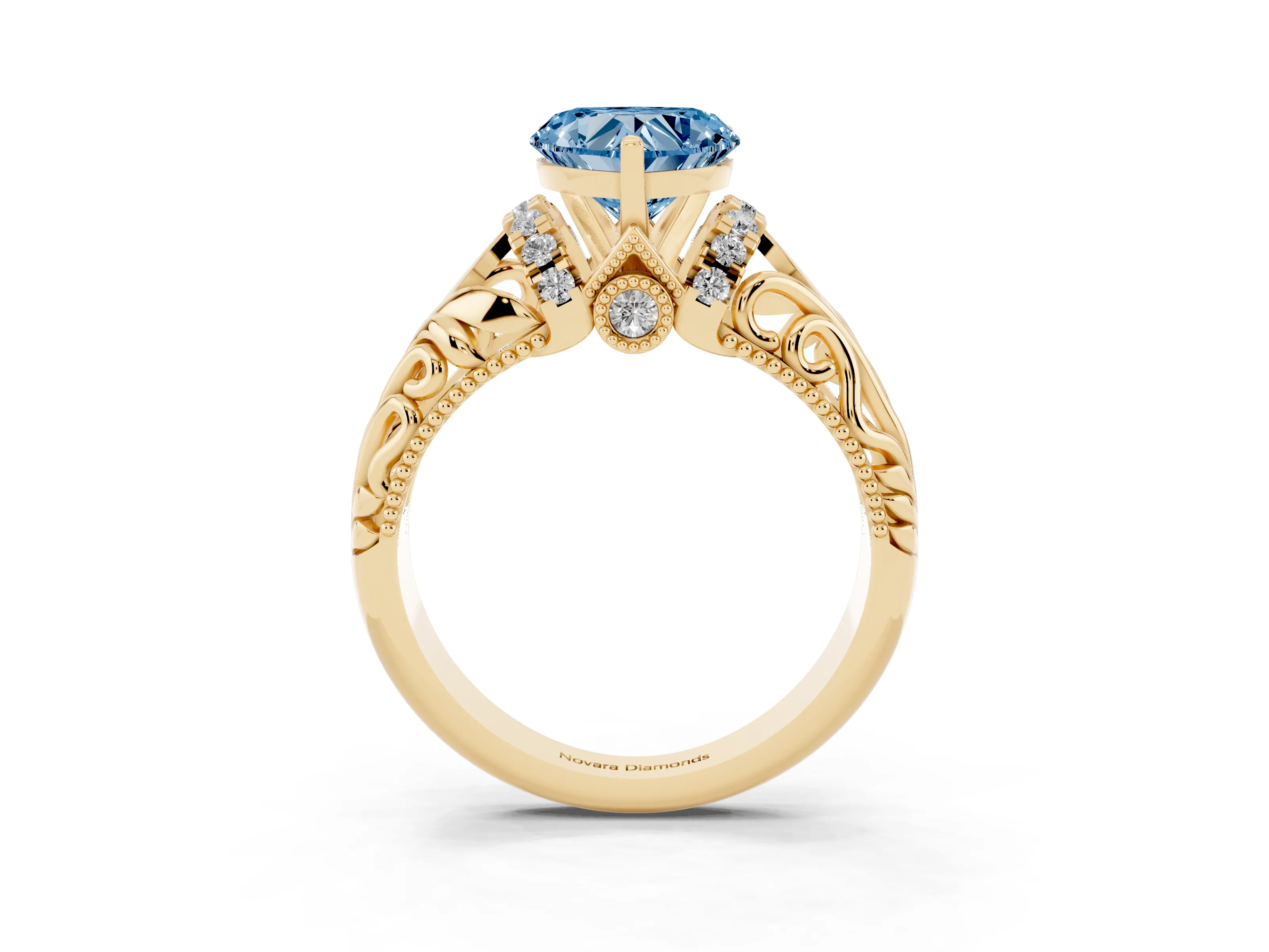 Fancy Blue Heart Cut Diamond Filigree Halo Engagement Ring Set in Yellow gold with Prong Setting
