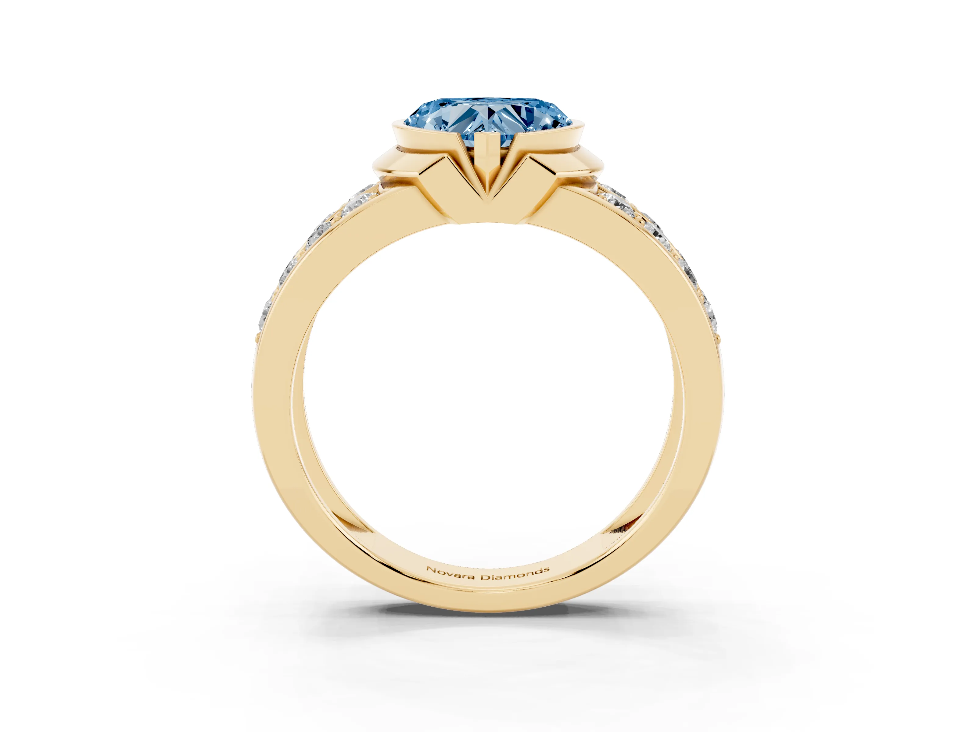 Fancy Blue Heart Cut Diamond Wide Channel Set Band Ring Set in Yellow gold with Bezel Setting