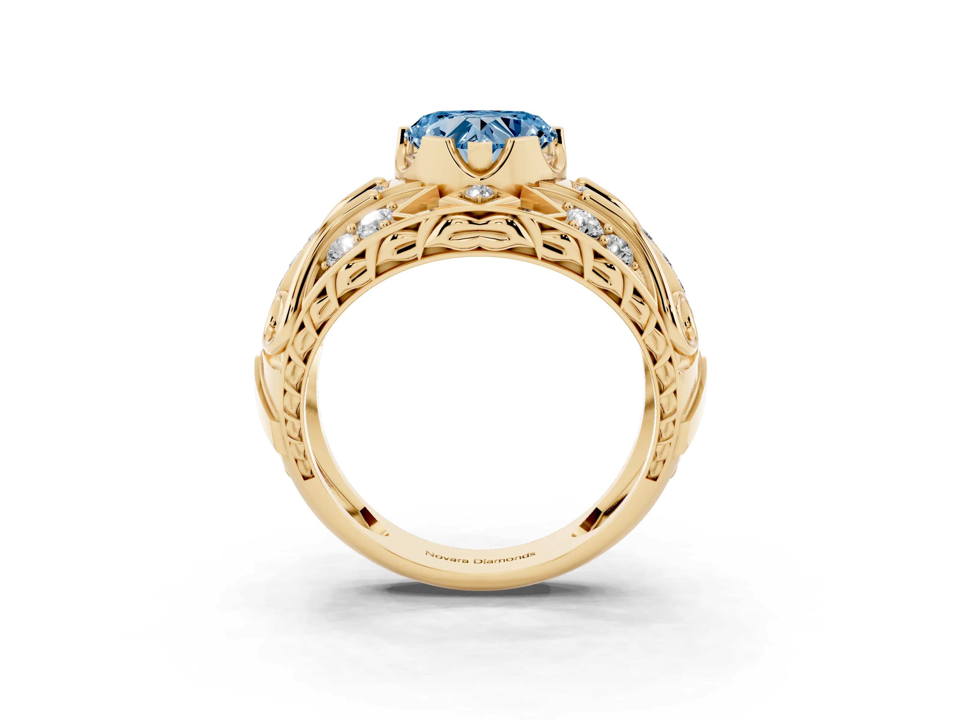 Fancy Blue Heart Cut Diamond Art Deco Ring Set in Yellow gold with Pavé Split Shank